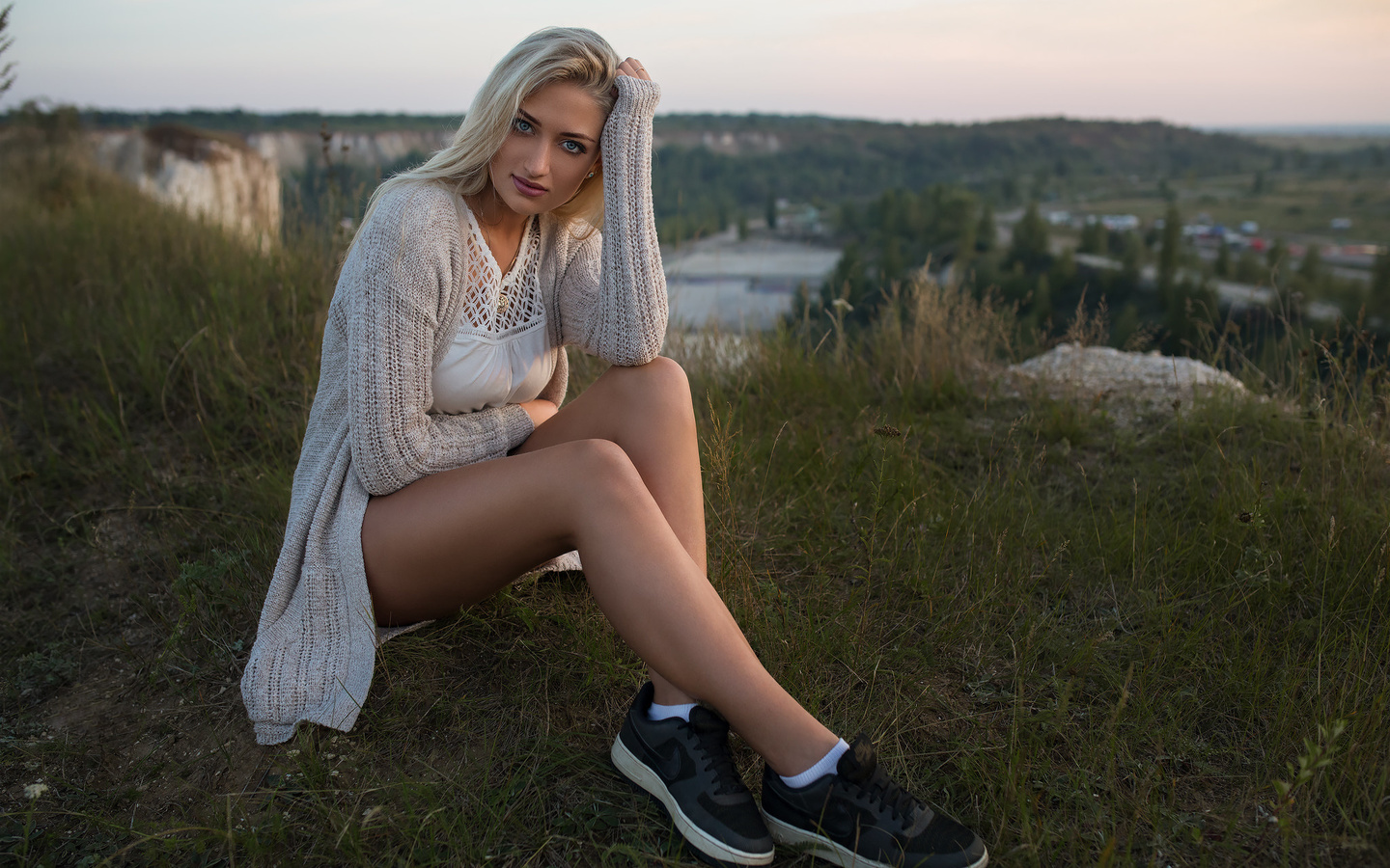 women, blonde, sitting, dmitry sn, portrait, blue eyes, sneakers, nike