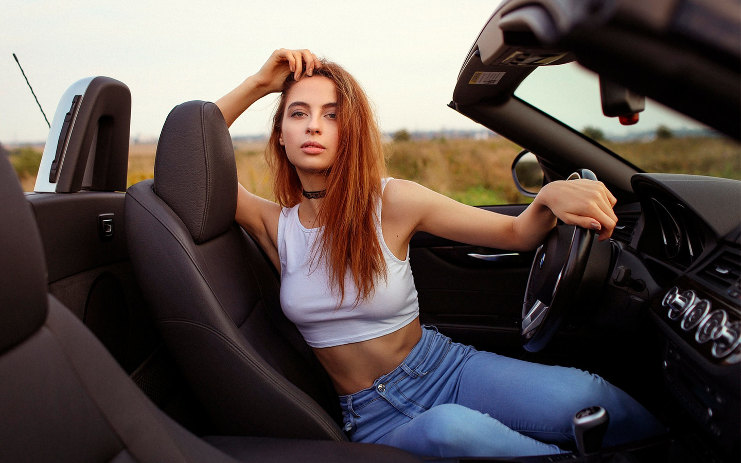 women, portrait, redhead, bmw, choker, tank top, jeans, nipple through clothing, women with cars