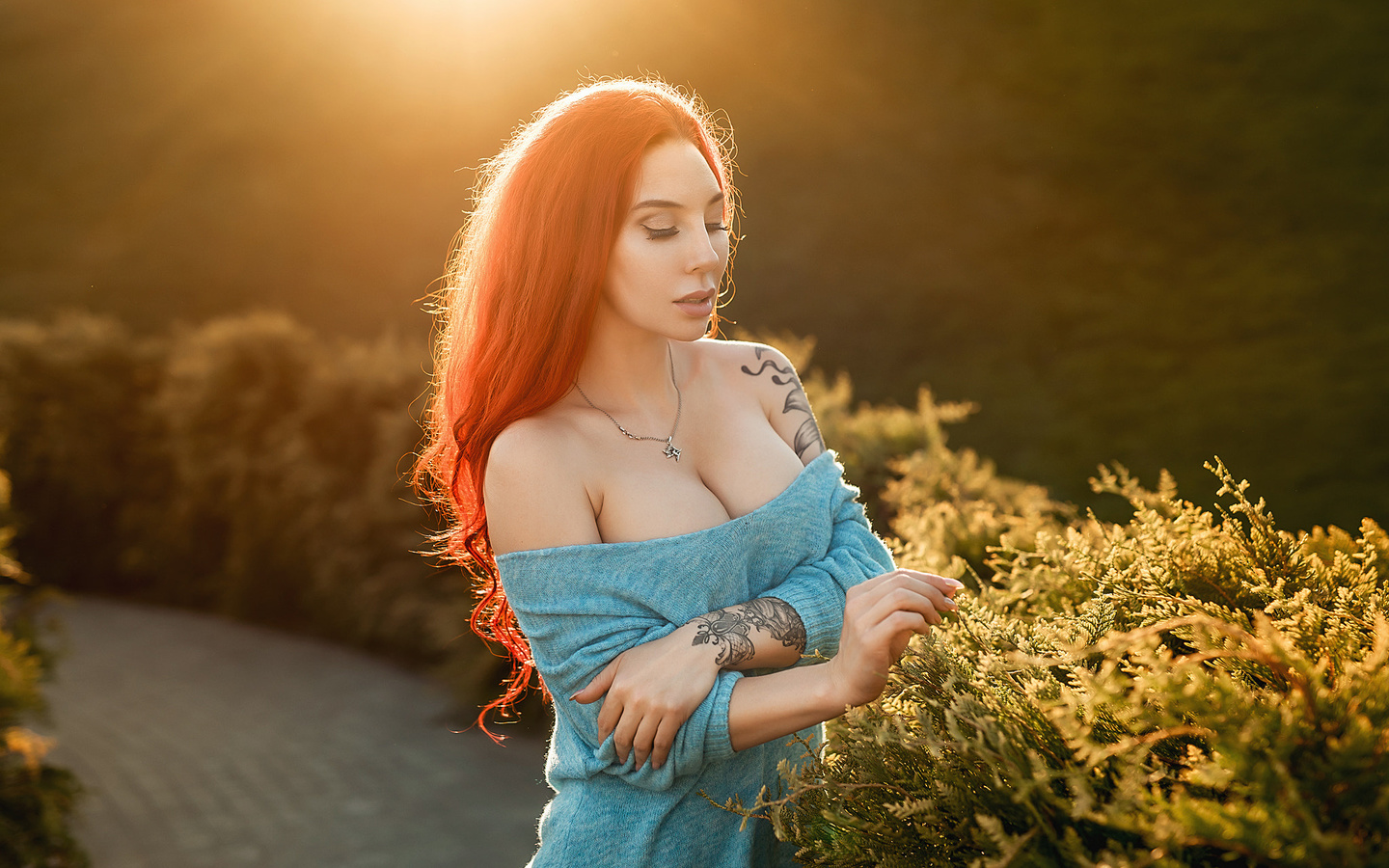 women, redhead, tattoo, boobs, women outdoors, necklace, bare shoulders, portrait,   ,georgy dyakov, eva rudneva