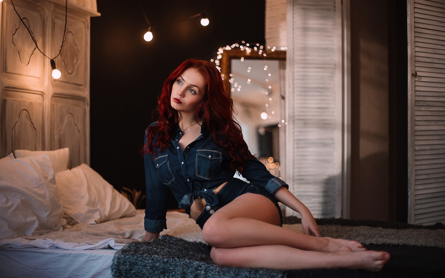 women, redhead, sitting, red lipstick, denim shirt, jean shorts, in bed, pillow, blue eyes