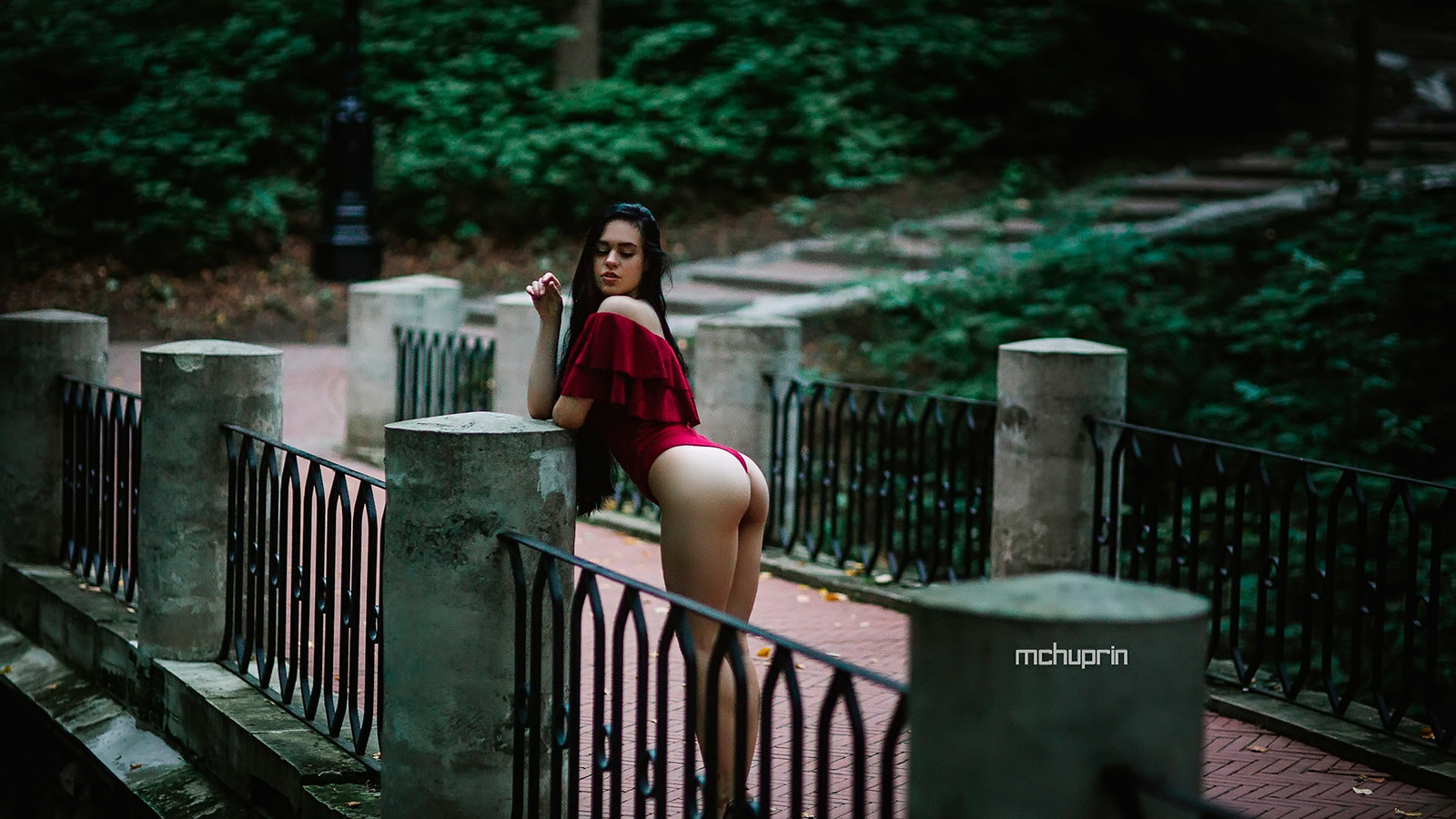 valery haze, women, ass, one-piece swimsuit, fence, brunette, high heels, long hair, maksim chuprin,  