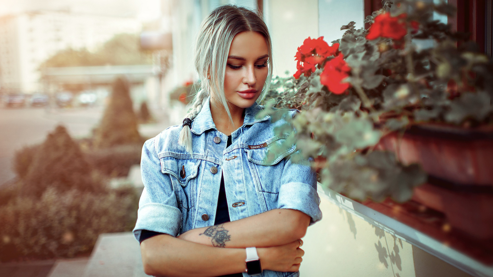 women, blonde, inked girls, denim, portrait, arms crossed, kirill bukrey