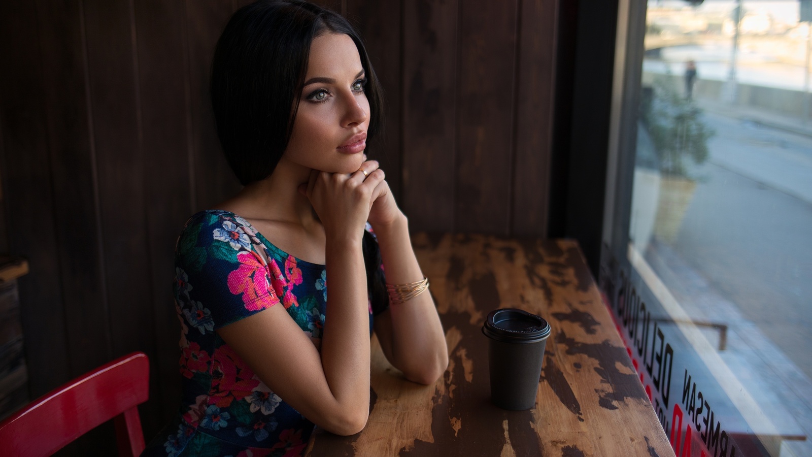 women, portrait, sitting, dress, chair, window, black hair