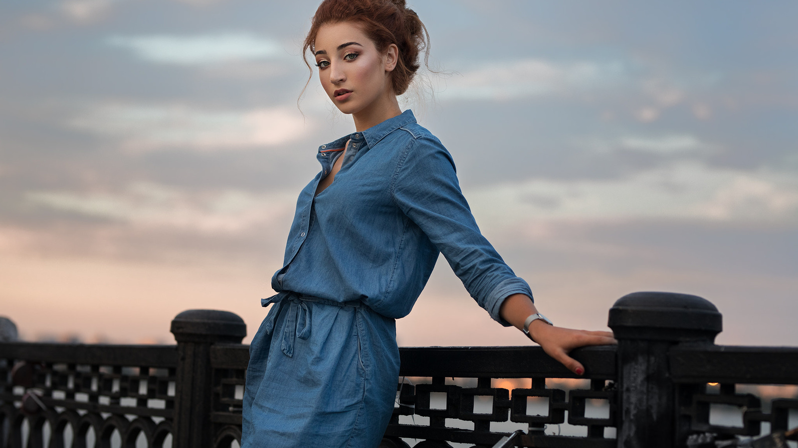 women, denim, red nails, portrait, fence, dmitry sn