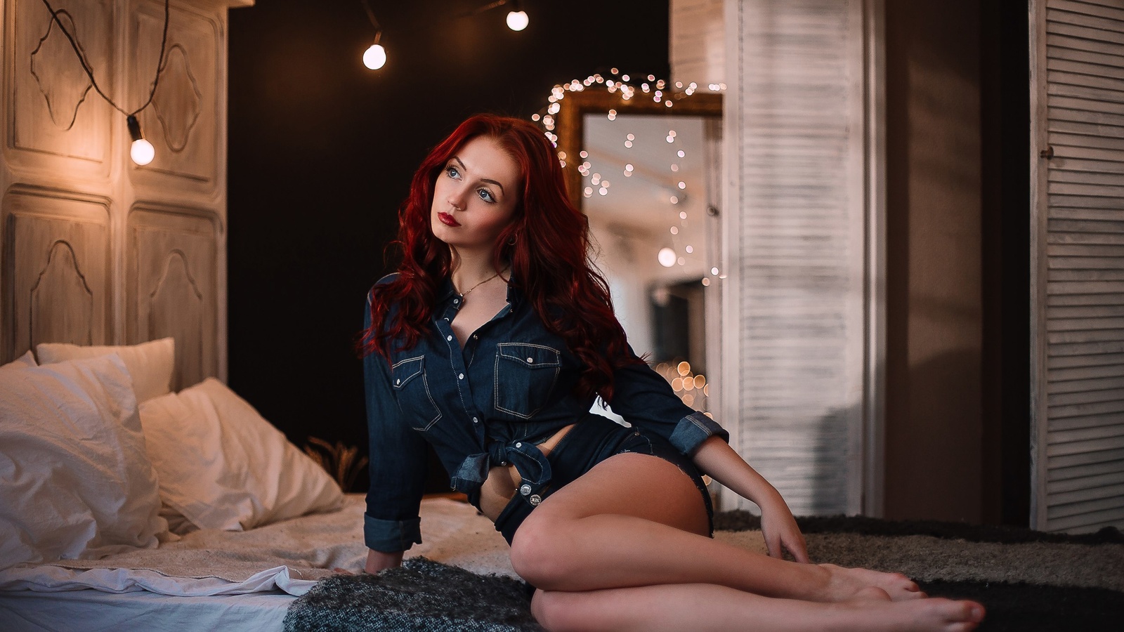 women, redhead, sitting, red lipstick, denim shirt, jean shorts, in bed, pillow, blue eyes