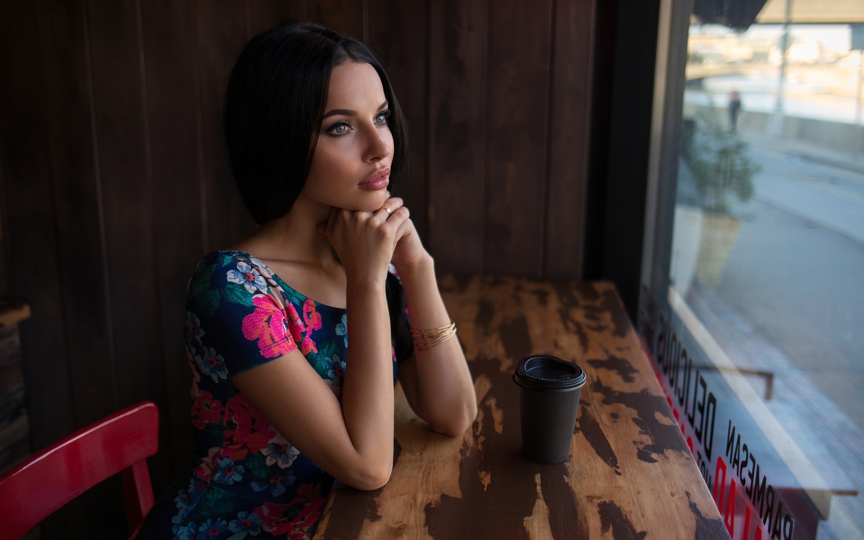 women, portrait, sitting, dress, chair, window, black hair