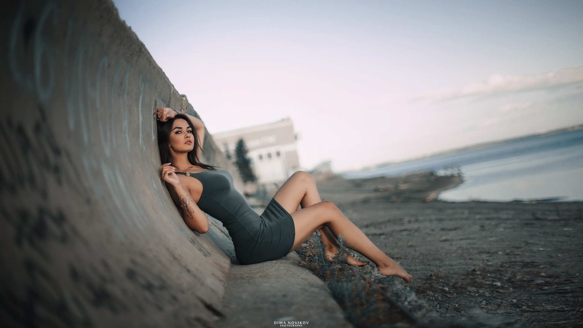 women, dress, sitting, tattoo, sea, portrait, women outdoors