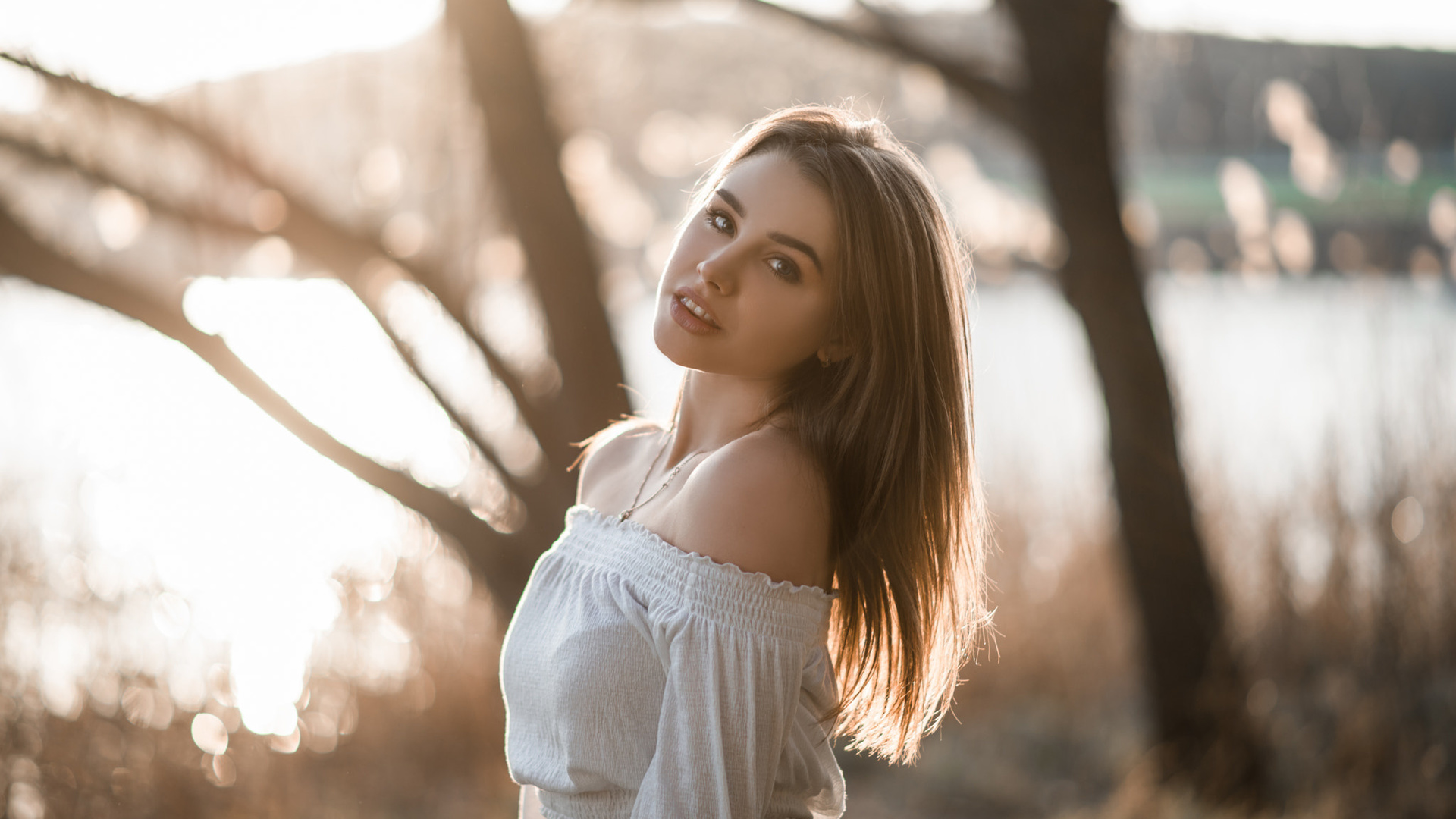 women, blonde, portrait, smiling, necklace, trees, bare shoulders, bokeh