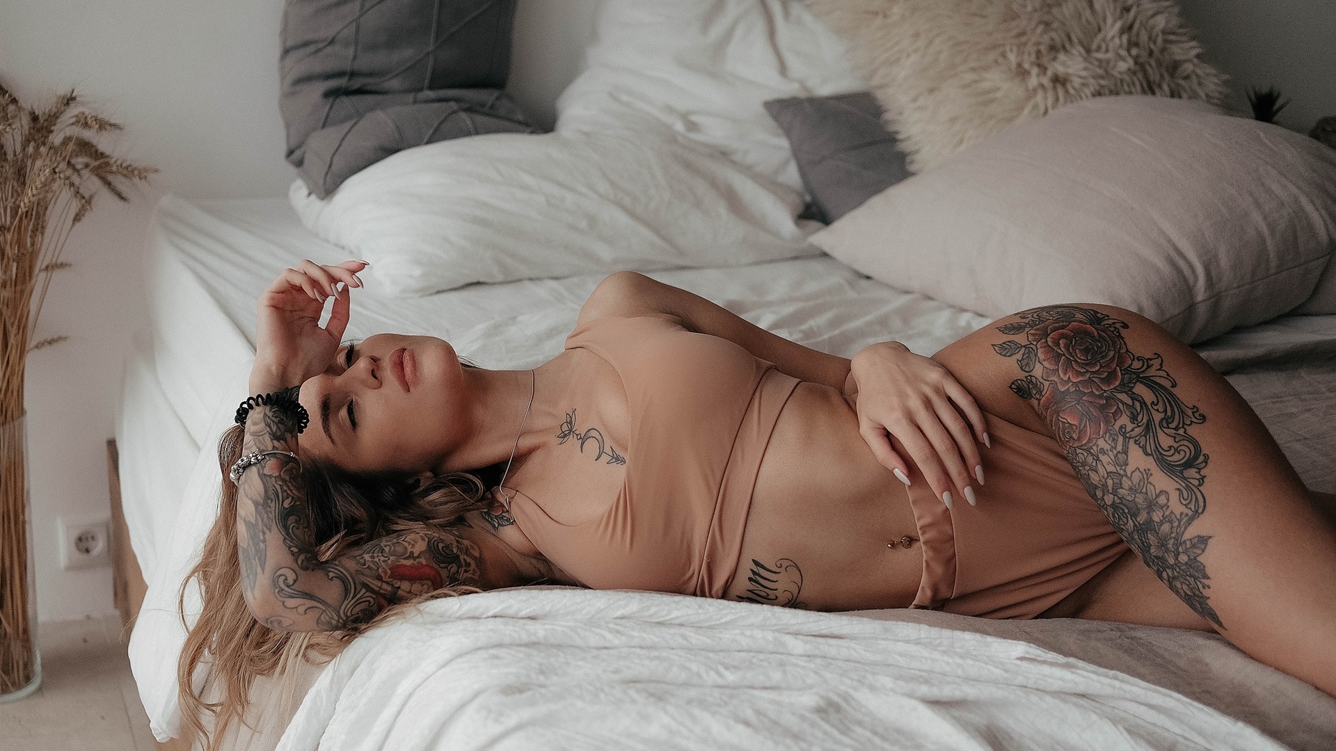 women, brunette, closed eyes, pierced navel, tattoo, underwear, in bed, pillow