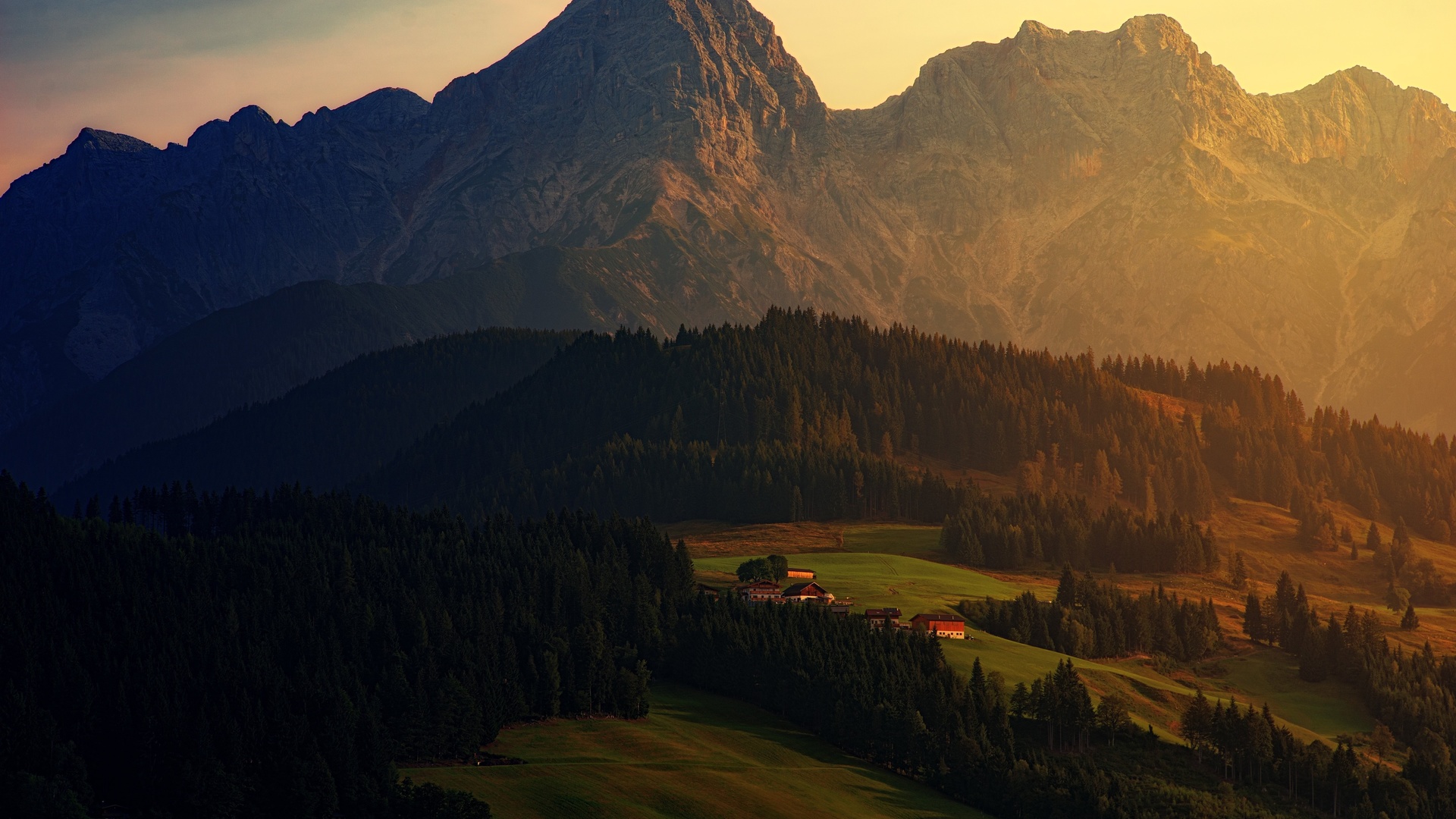 alps, mountain landscape, sunset, evening, forest, mountain village, houses