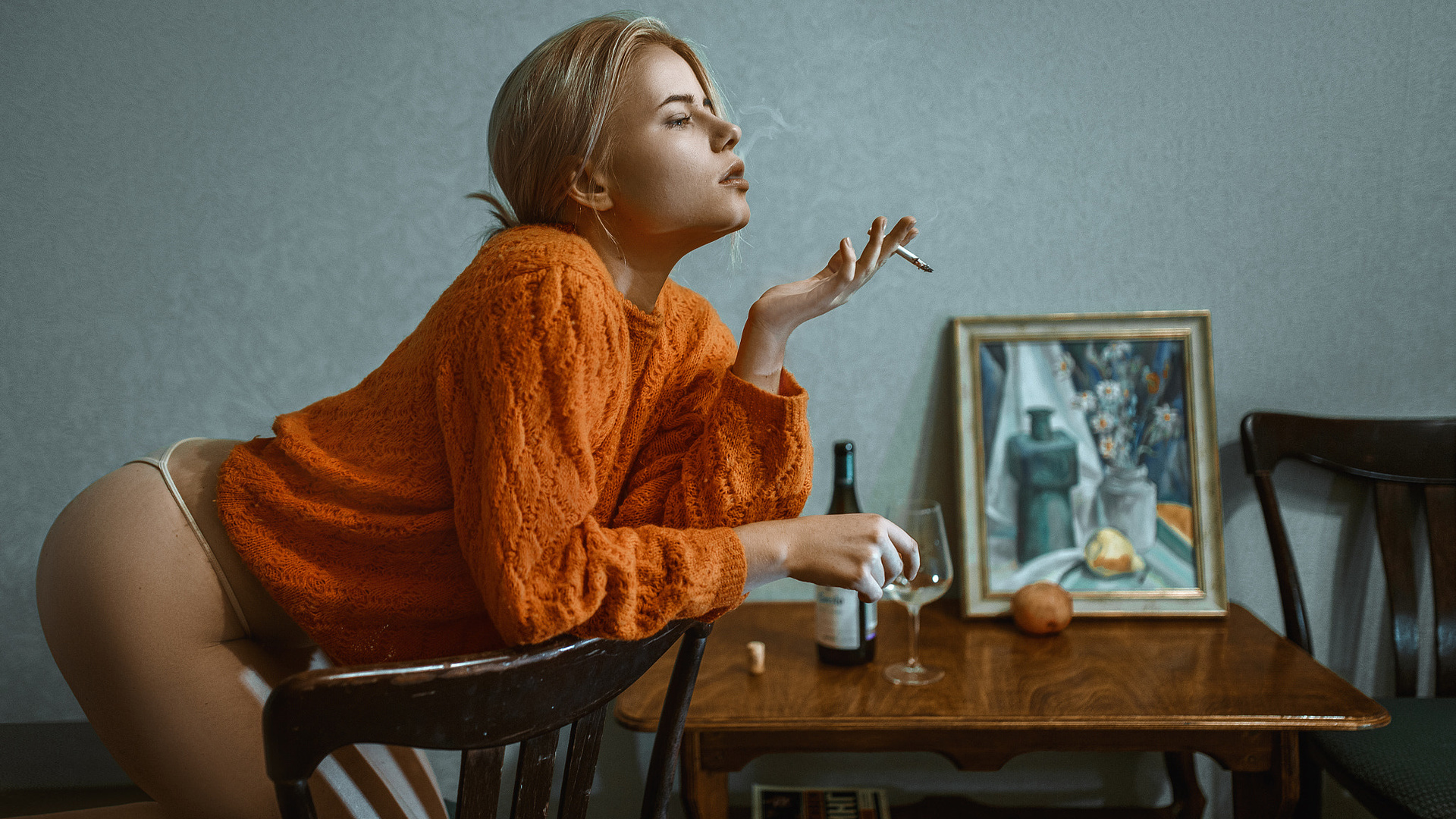 women, blonde, ass, white panties, kneeling, chair, cigarettes, smoke