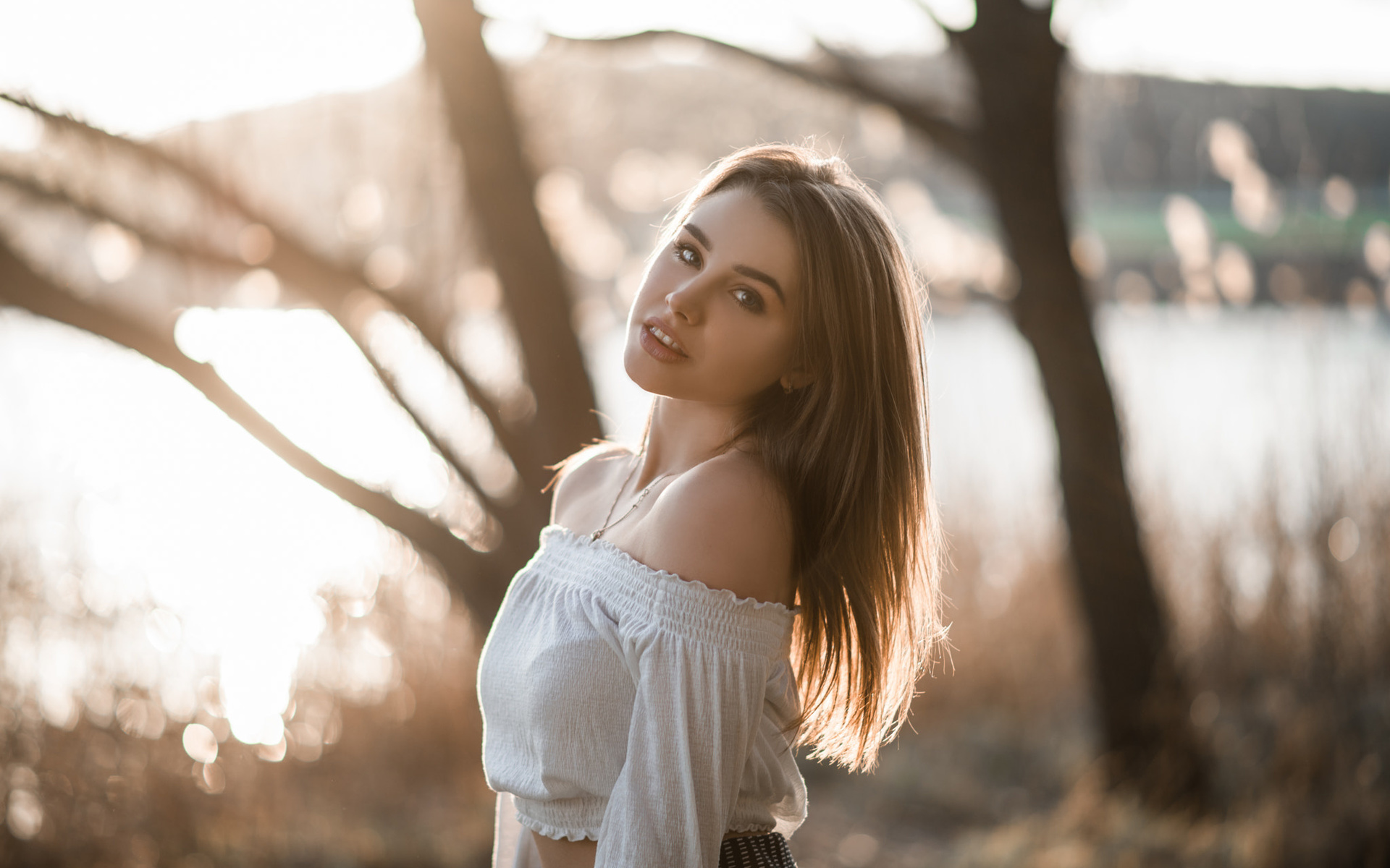 women, blonde, portrait, smiling, necklace, trees, bare shoulders, bokeh