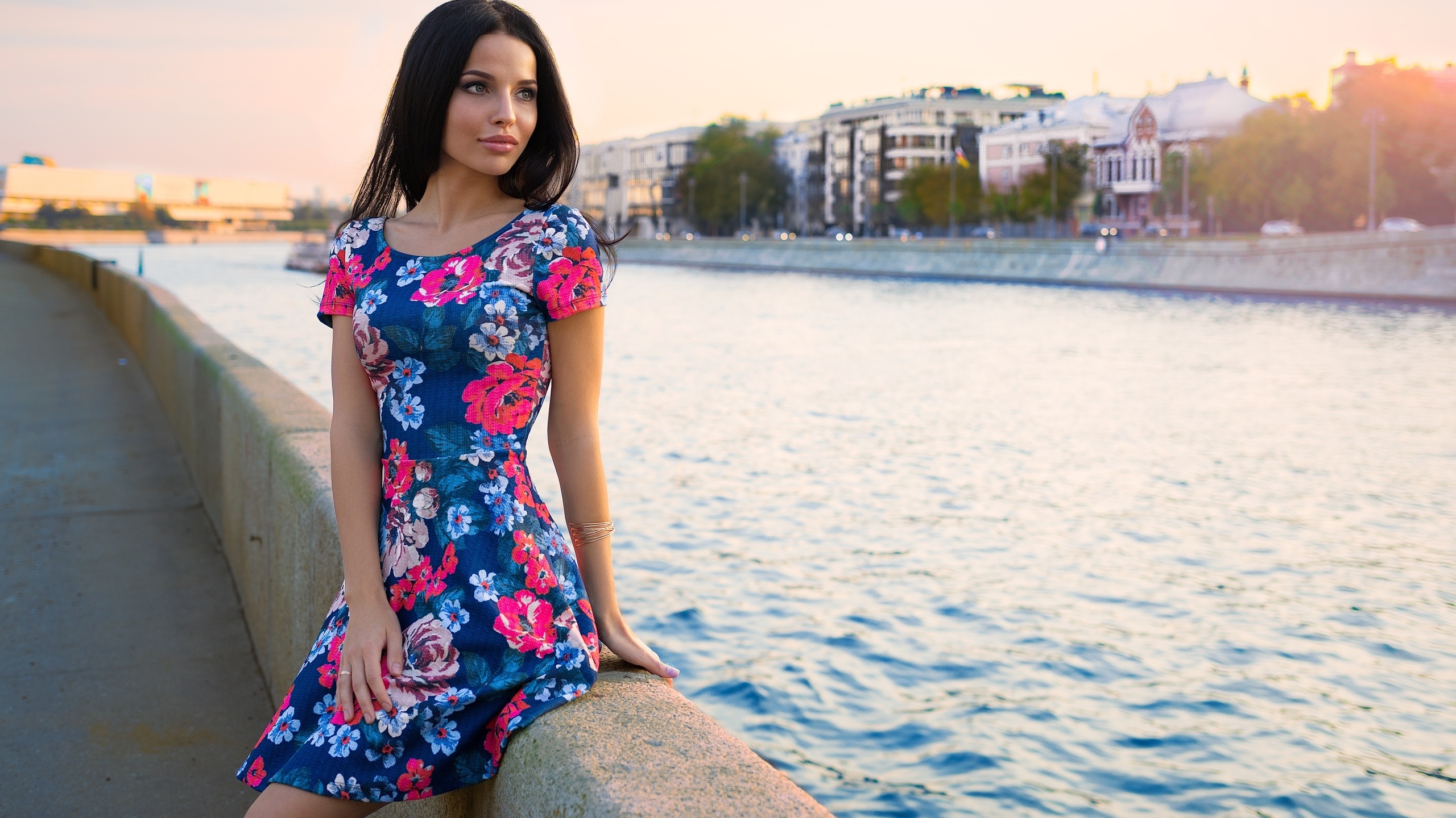 women, dress, river, women outdoors, looking away, black hair, portrait