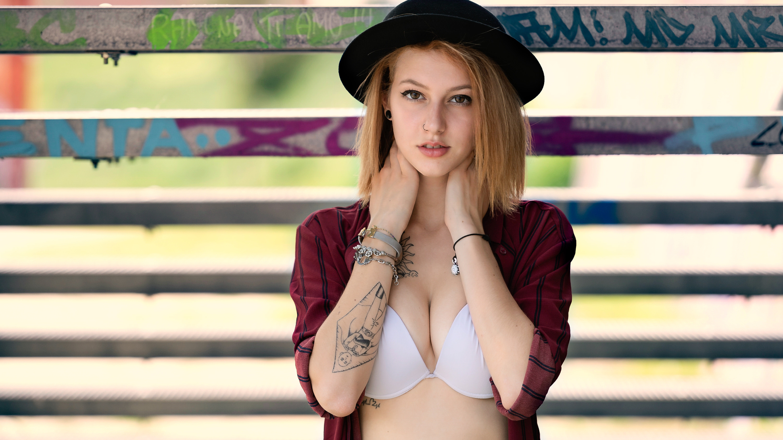 women, white bra, blonde, nose ring, hat, shirt, open shirt, portrait, inked girls, luigi malanetto