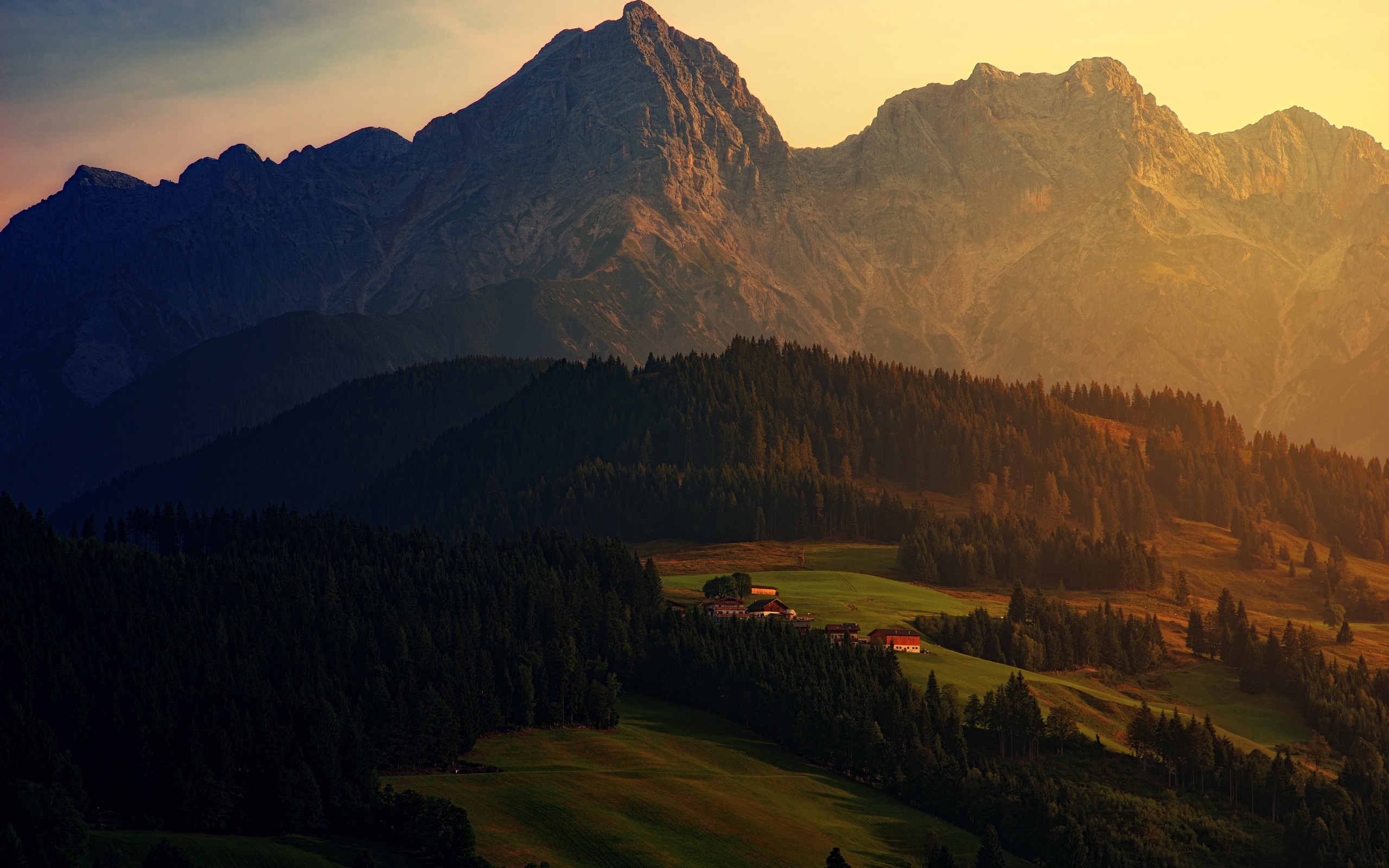 alps, mountain landscape, sunset, evening, forest, mountain village, houses