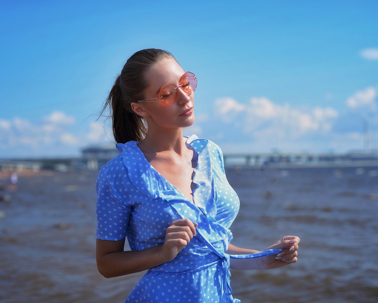 women, portrait, closed eyes, polka dots, sea, women with glasses, women outdoors