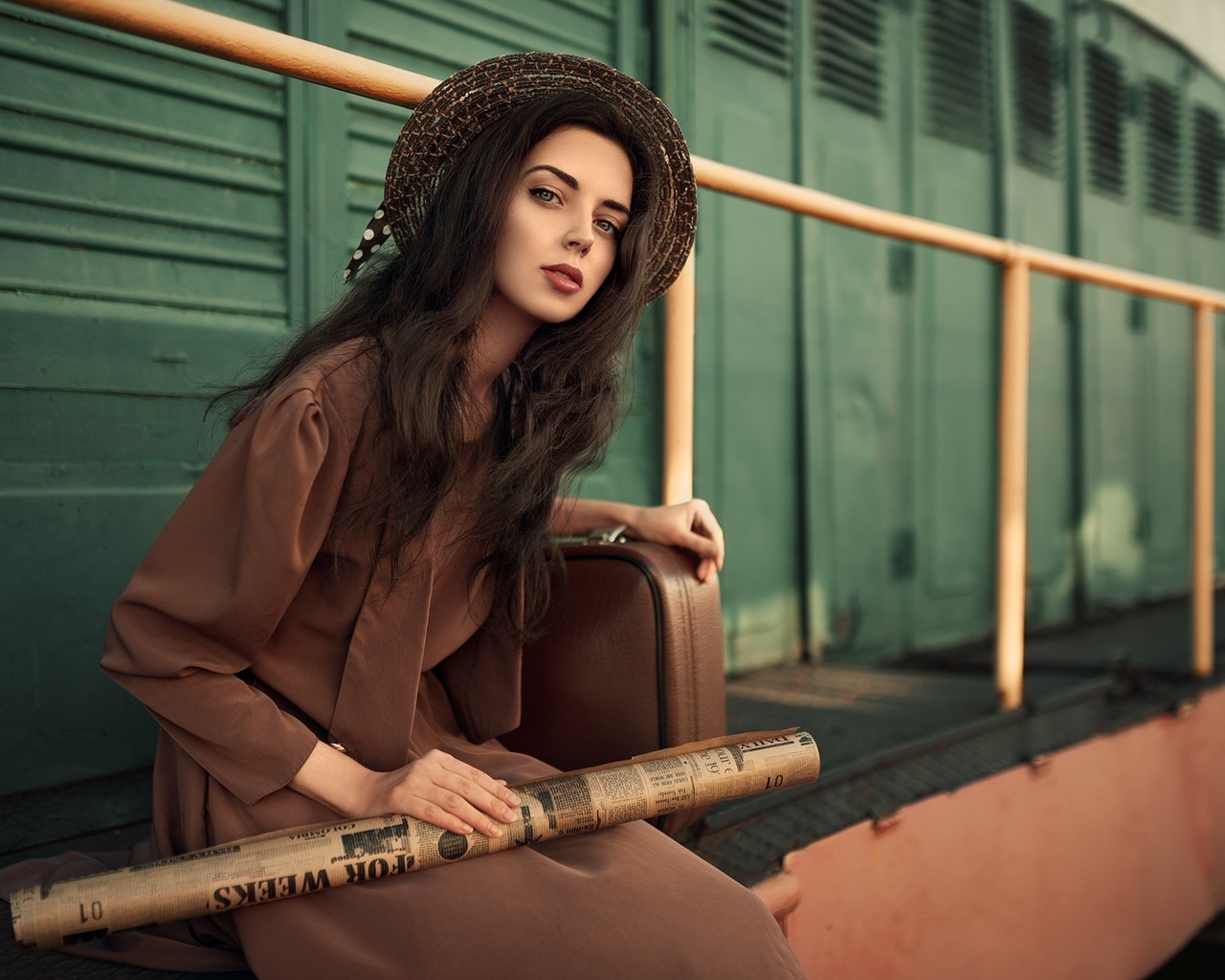 women, portrait, sitting, suitcase, hat, dress, long hair