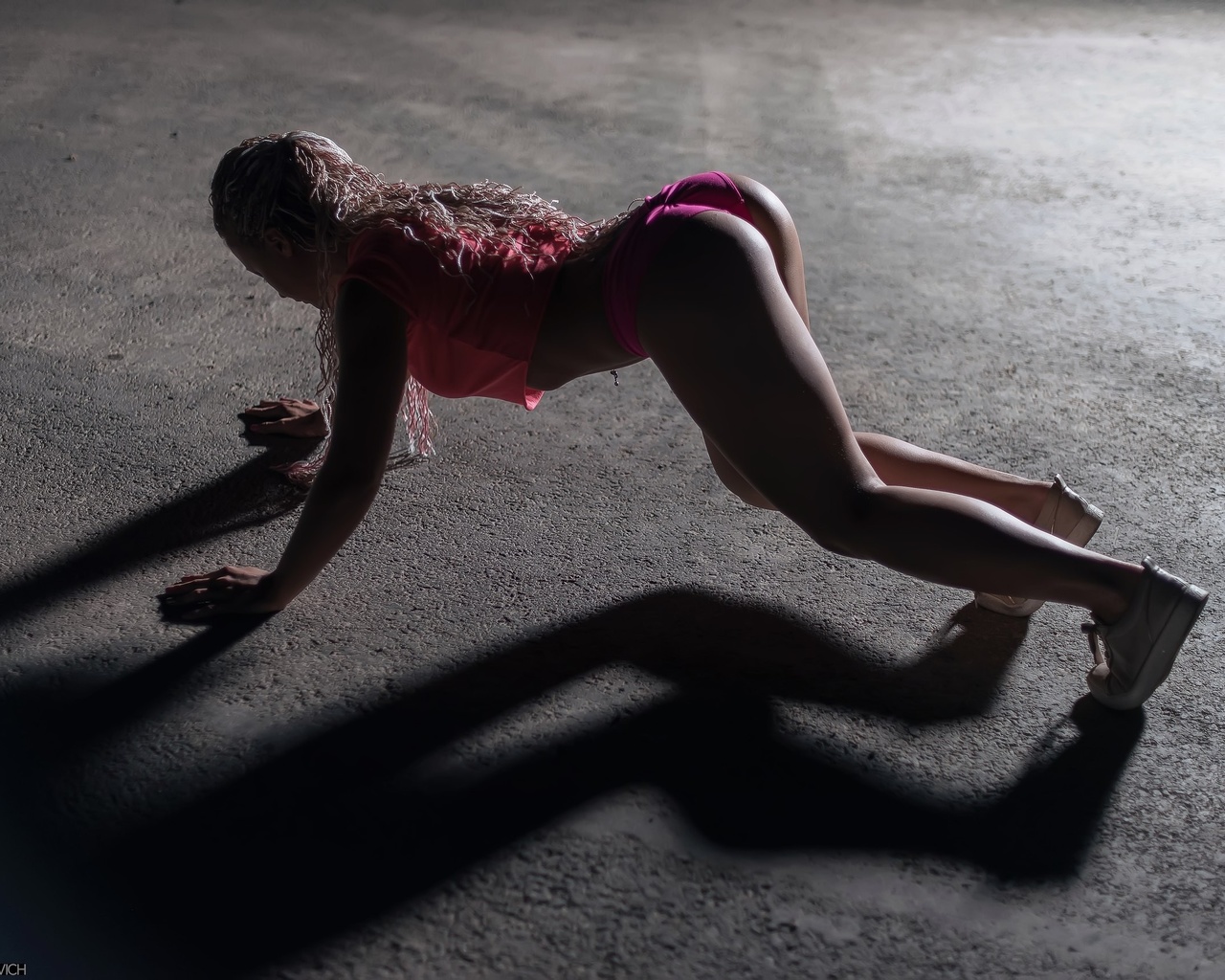 bikini, panties, tattoo, ass, skinny, shadow, hands on hips, pierced navel, curly hair, sneakers