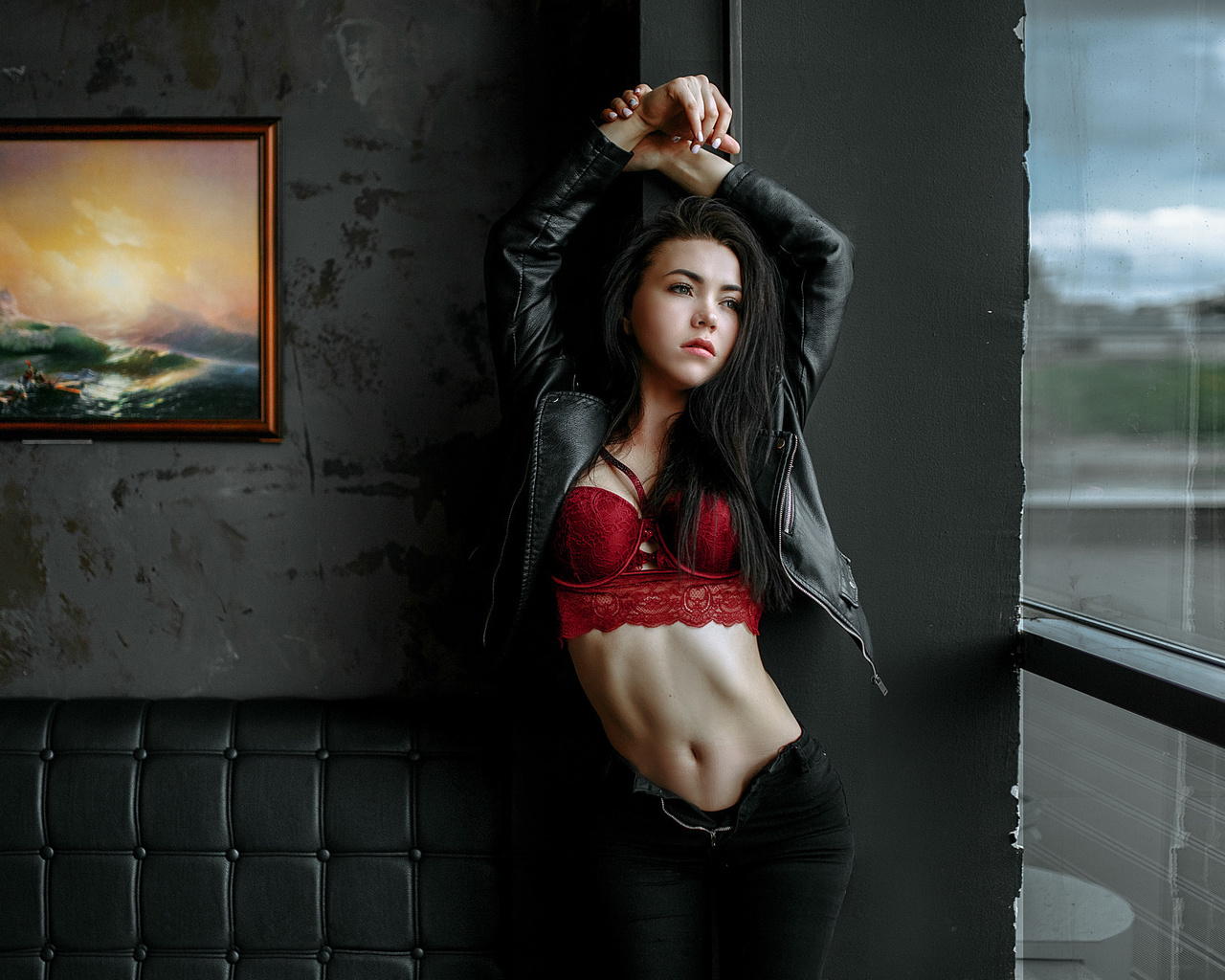 women, arms up, window, jeans, leather jackets, red lingerie, black panties, portrait