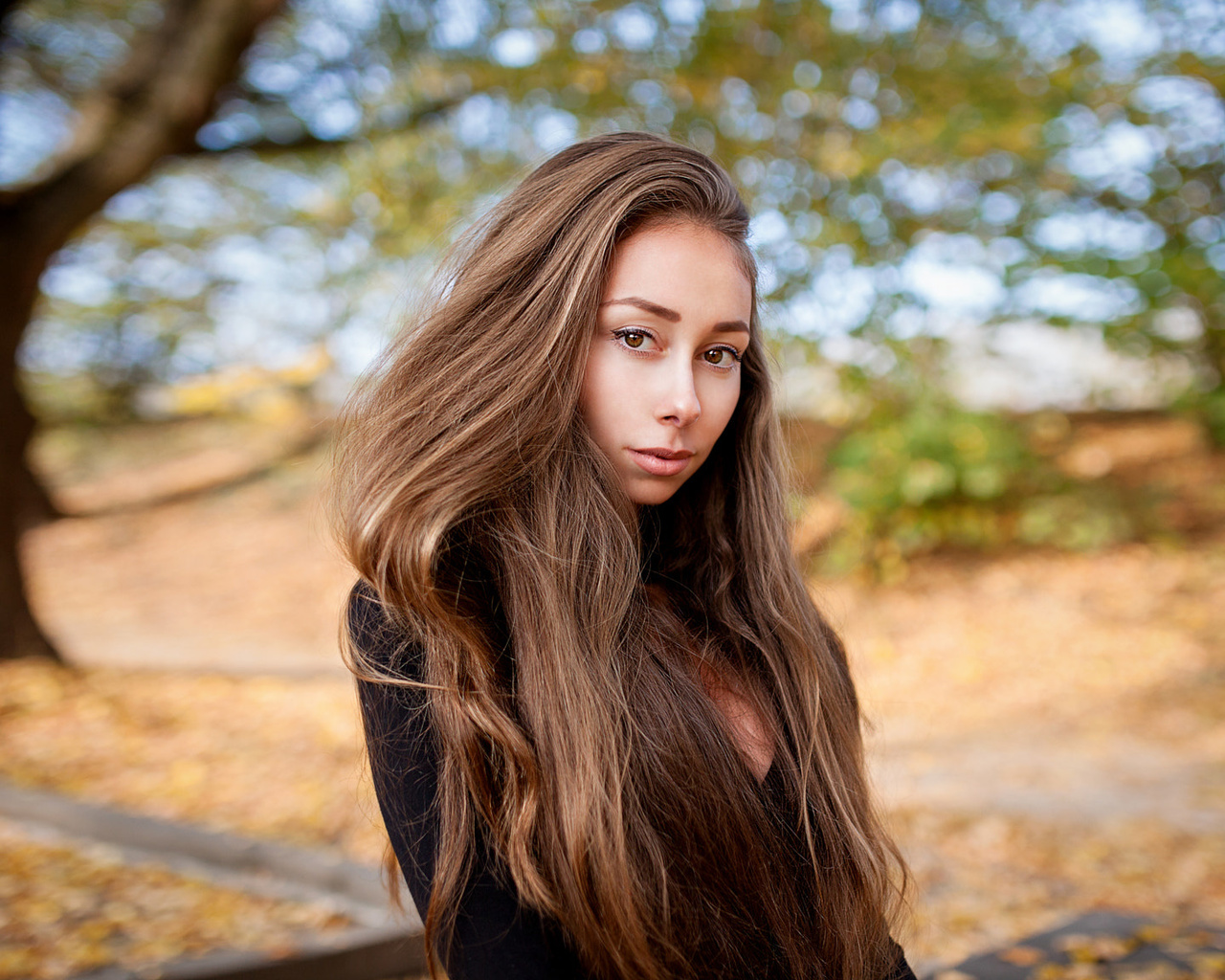 women, portrait, long hair, black clothing, women outdoors, trees, 