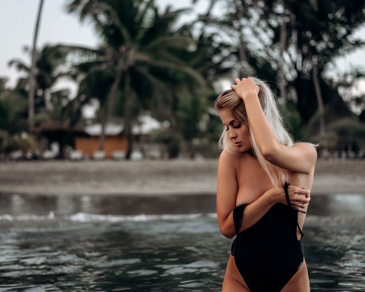 women, one-piece swimsuit, sea, palm trees, portrait, women outdoors, covering boobs