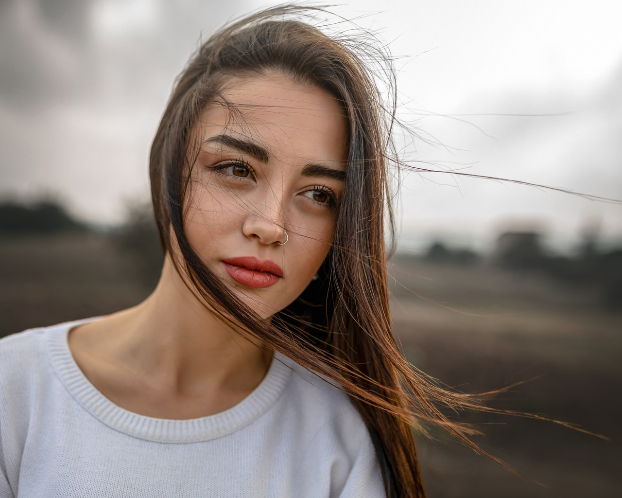 women, face, portrait, nose ring, hair in face, women outdoors, red lipstick