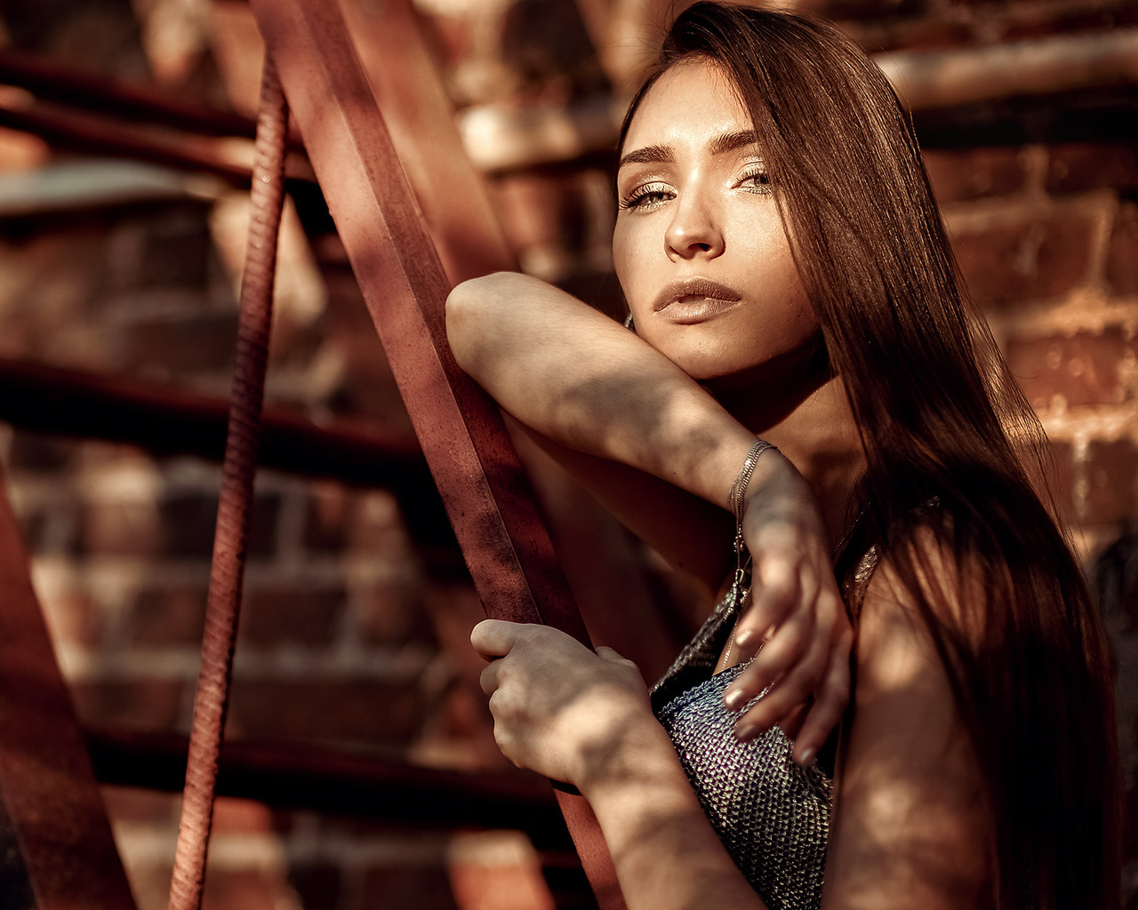 women, stairs, long hair, portrait, bricks, 