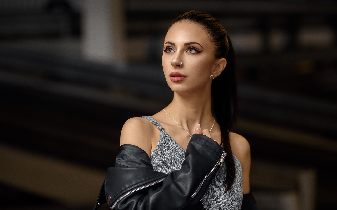 women, portrait, nose ring, leather jackets, eyeliner, necklace, bare shoulders