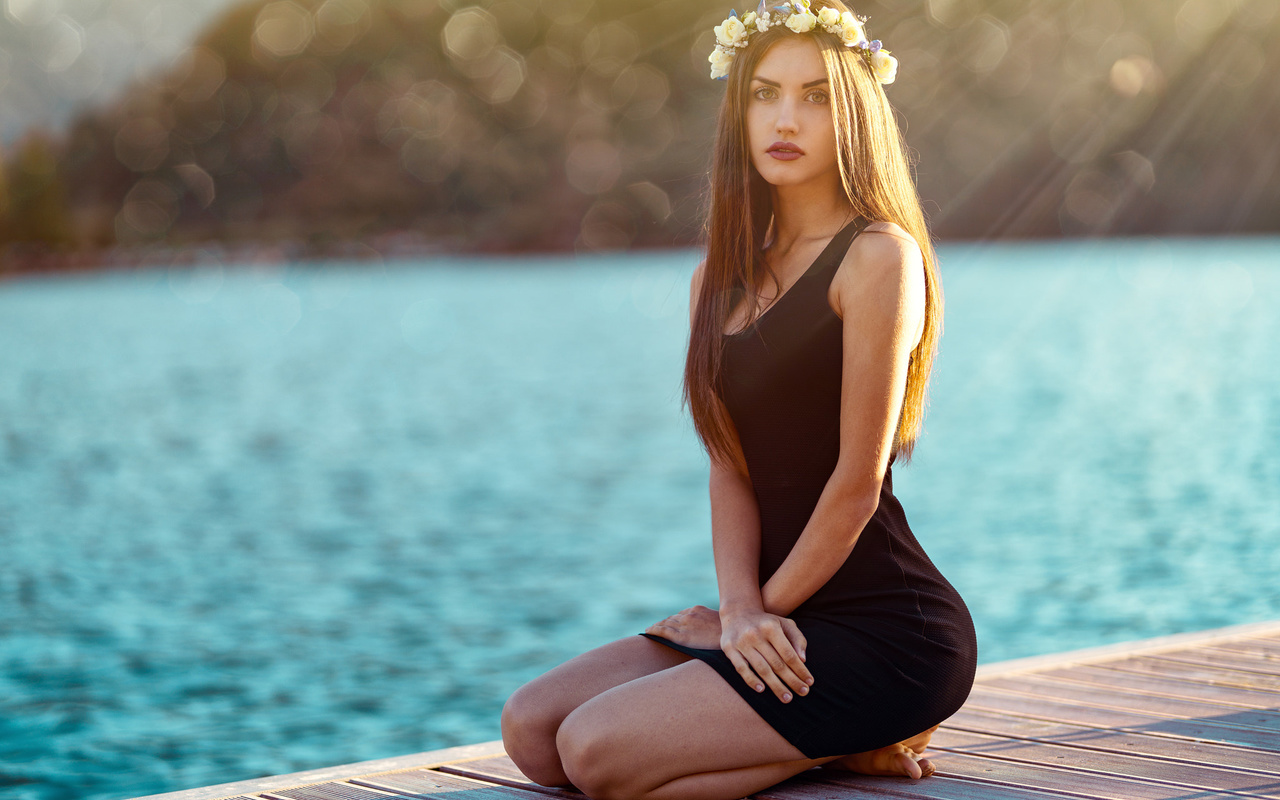 women, kneeling, marco squassina, bokeh, sea, black dress, long hair