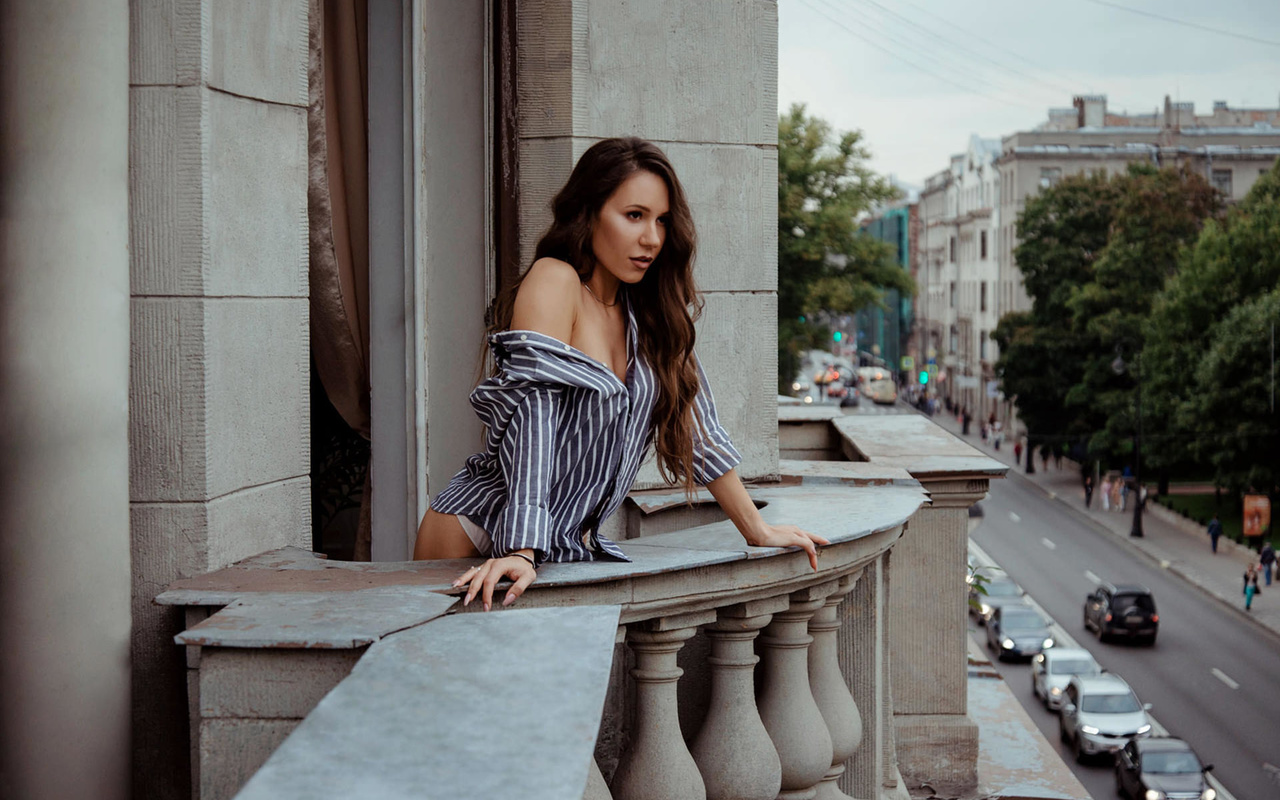 women, shirt, white panties, portrait, balcony, bare shoulders, brunette