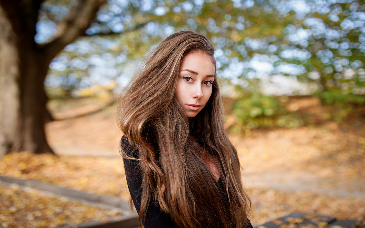 women, portrait, long hair, black clothing, women outdoors, trees, 