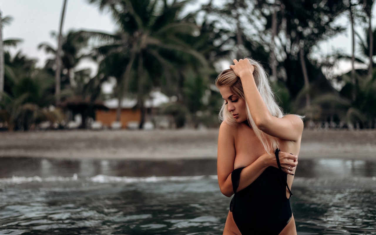 women, one-piece swimsuit, sea, palm trees, portrait, women outdoors, covering boobs