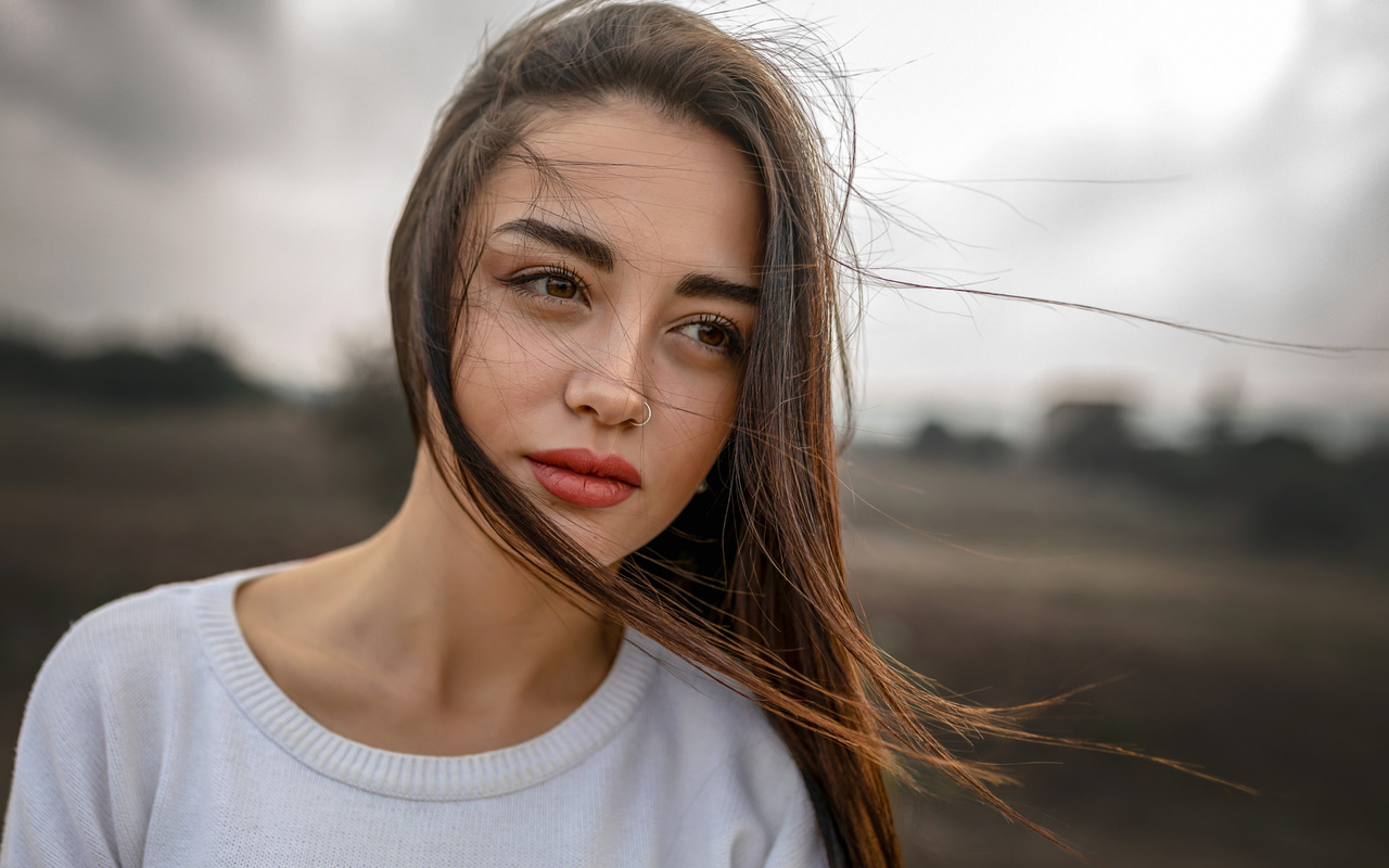 women, face, portrait, nose ring, hair in face, women outdoors, red lipstick