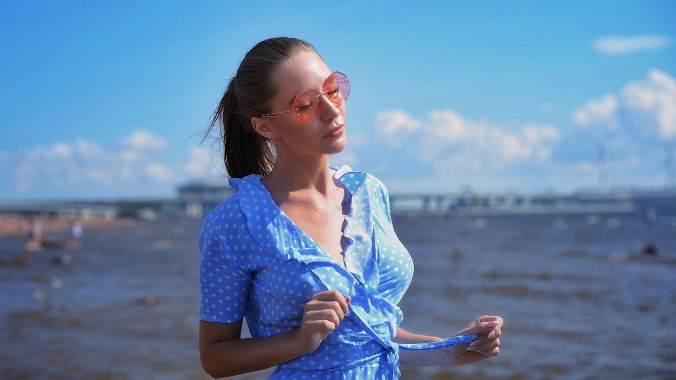 women, portrait, closed eyes, polka dots, sea, women with glasses, women outdoors