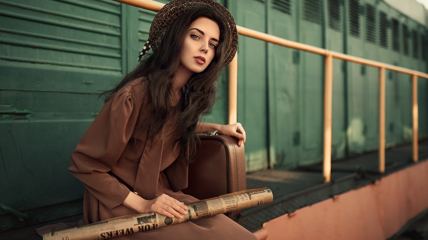 women, portrait, sitting, suitcase, hat, dress, long hair