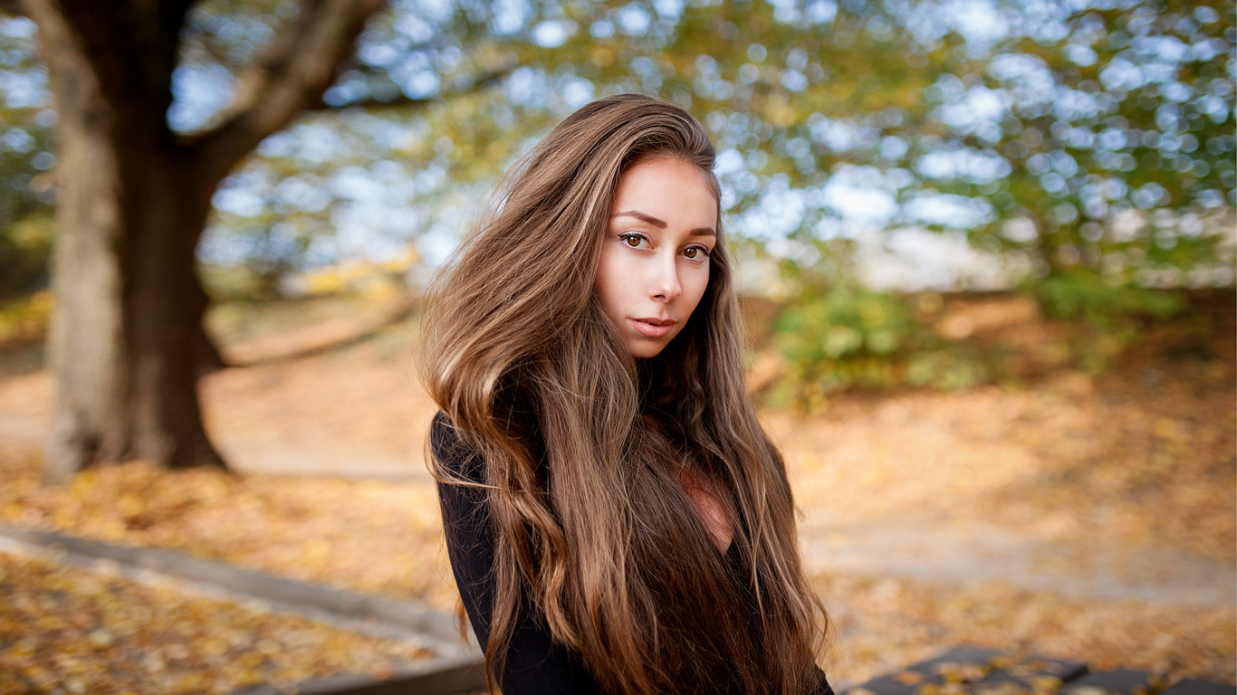 women, portrait, long hair, black clothing, women outdoors, trees, 