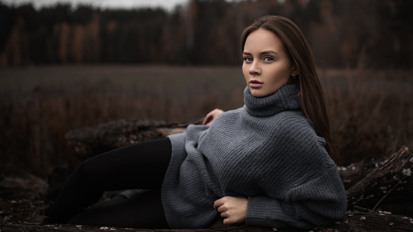 women, portrait, women outdoors, trees, nose ring, turtlenecks