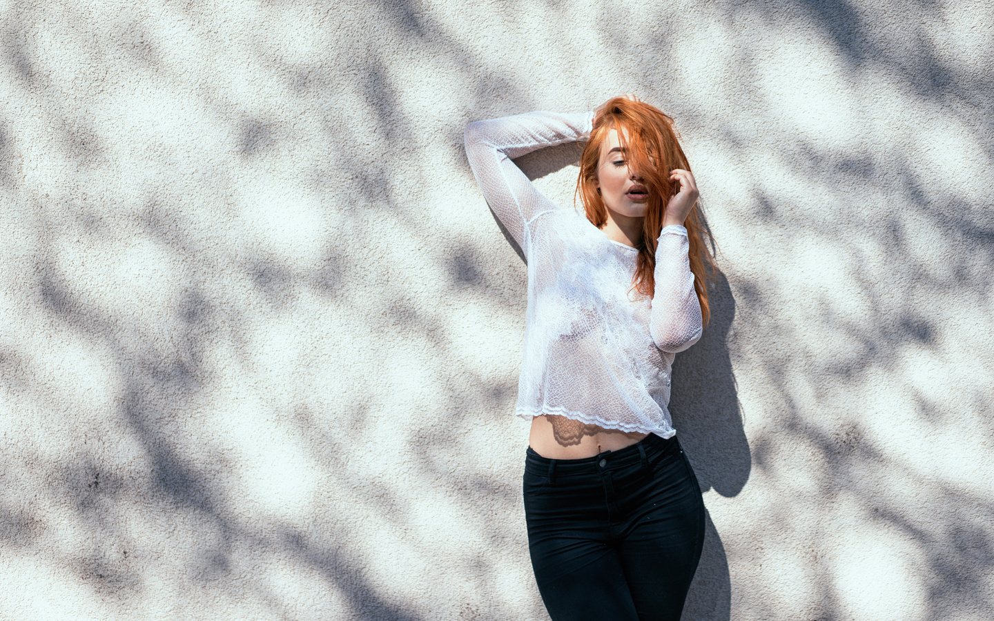 women, jeans, redhead, belly, portrait, wall, hair in face