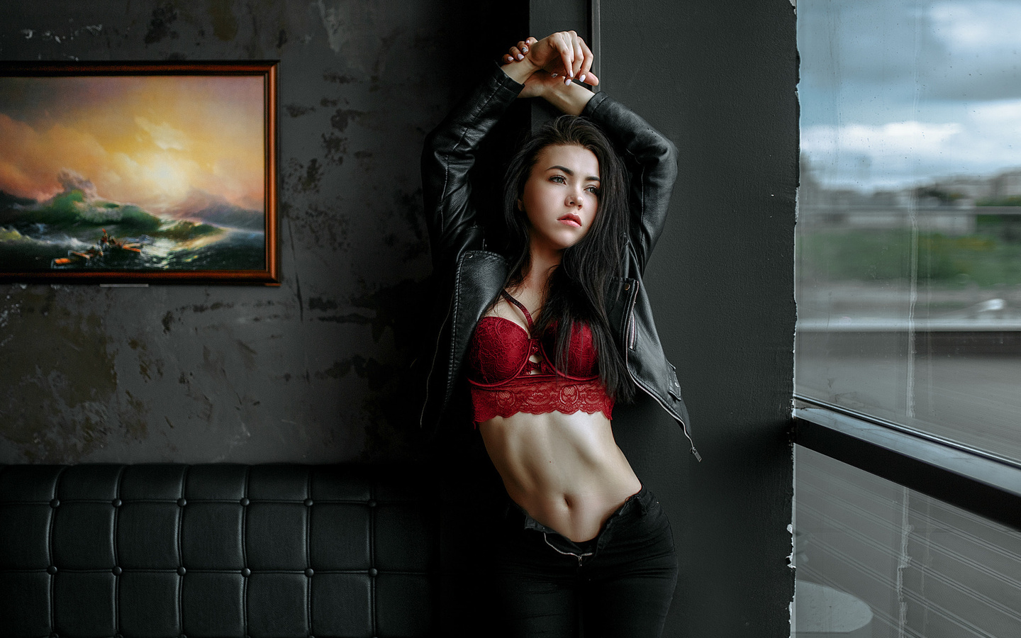 women, arms up, window, jeans, leather jackets, red lingerie, black panties, portrait