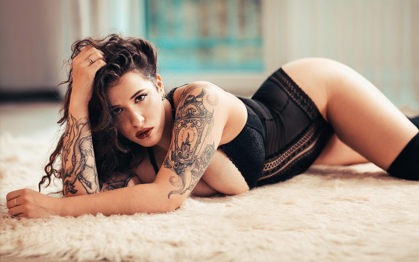 women, brunette, tattoo, black lingerie, body lingerie, big boobs, portrait, , , , , 