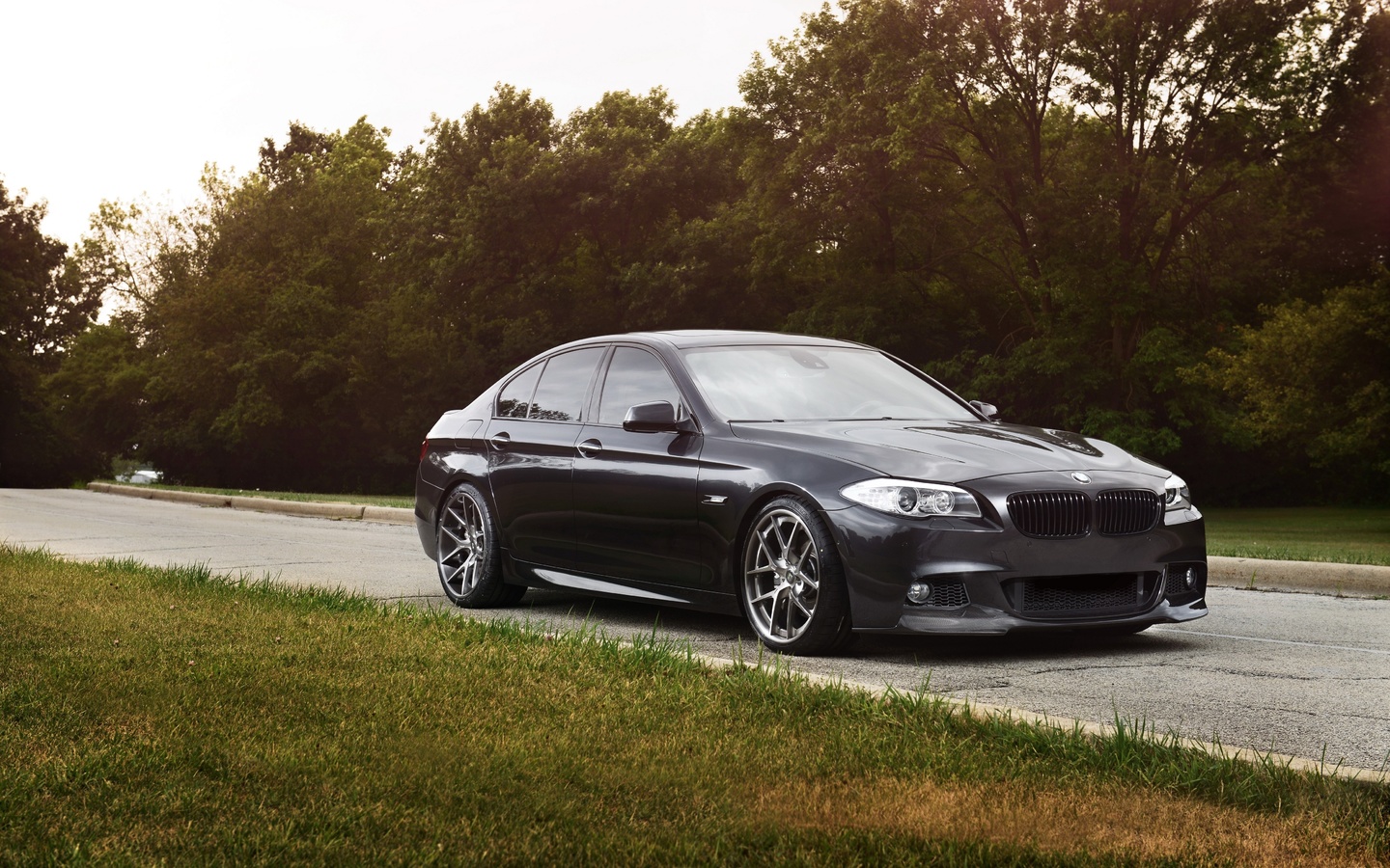 car, vehicle, gray, grass, road, bmw, bmw 5 series