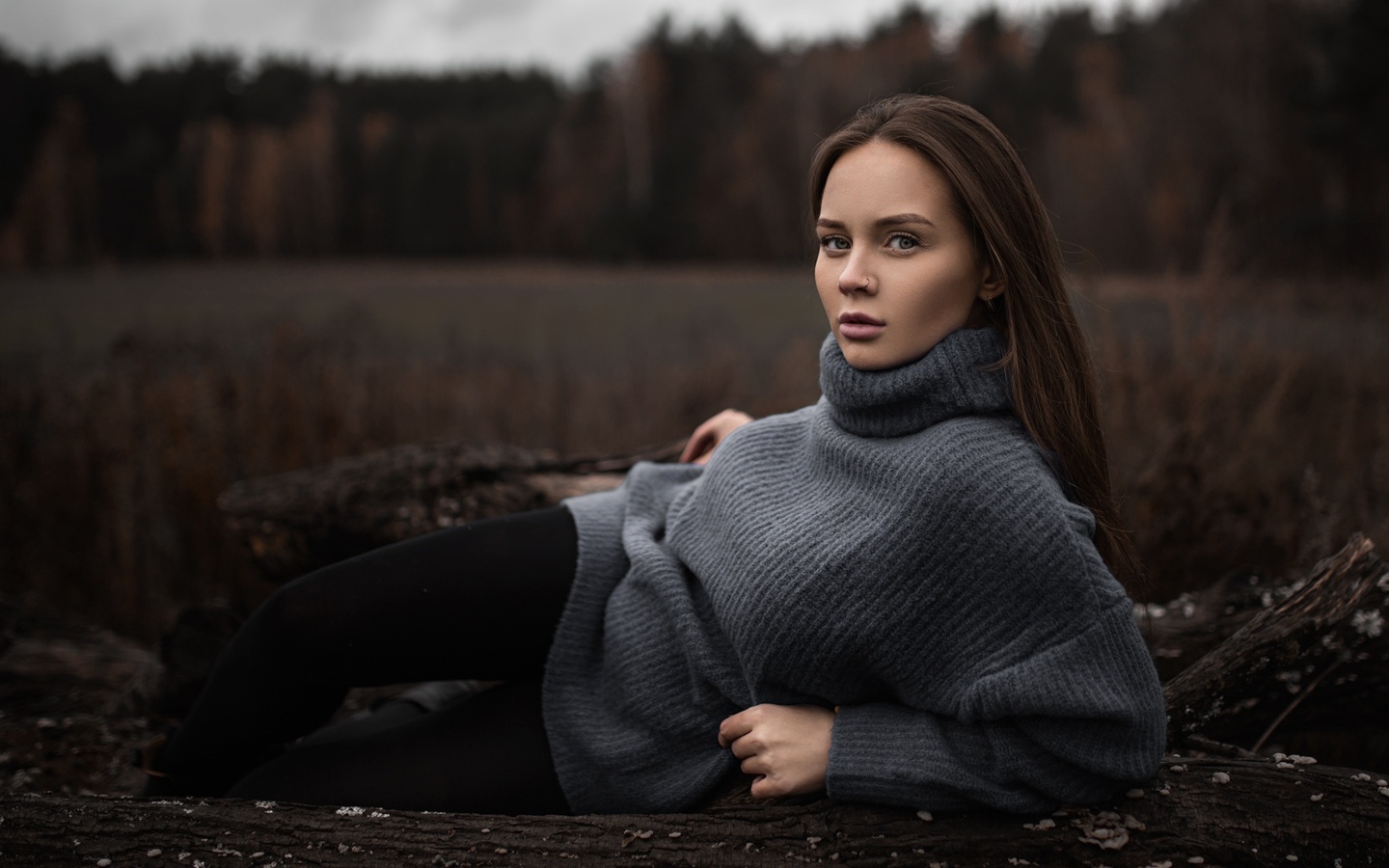 women, portrait, women outdoors, trees, nose ring, turtlenecks