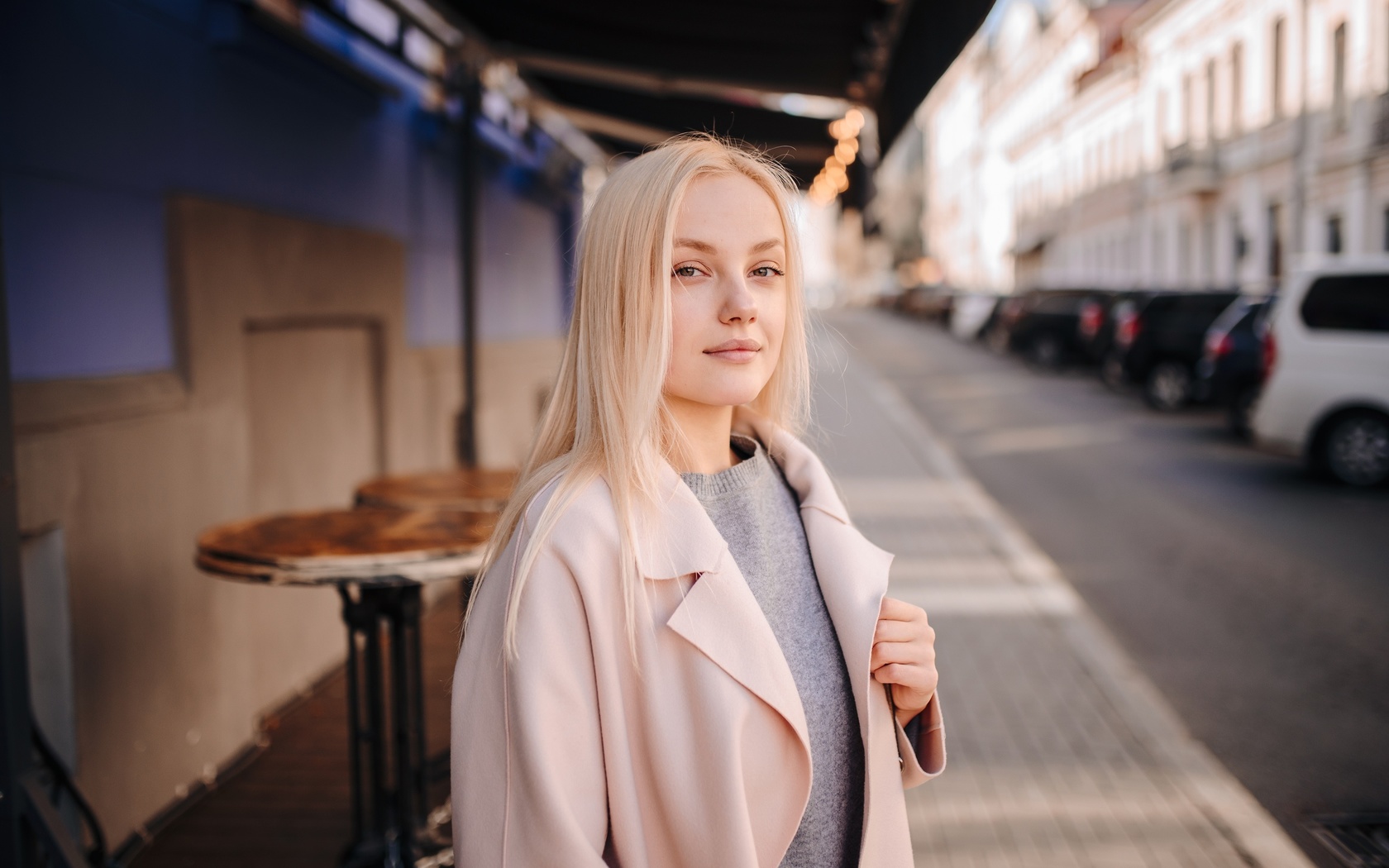 women, blonde, portrait, women outdoors, smiling, coats,  , 