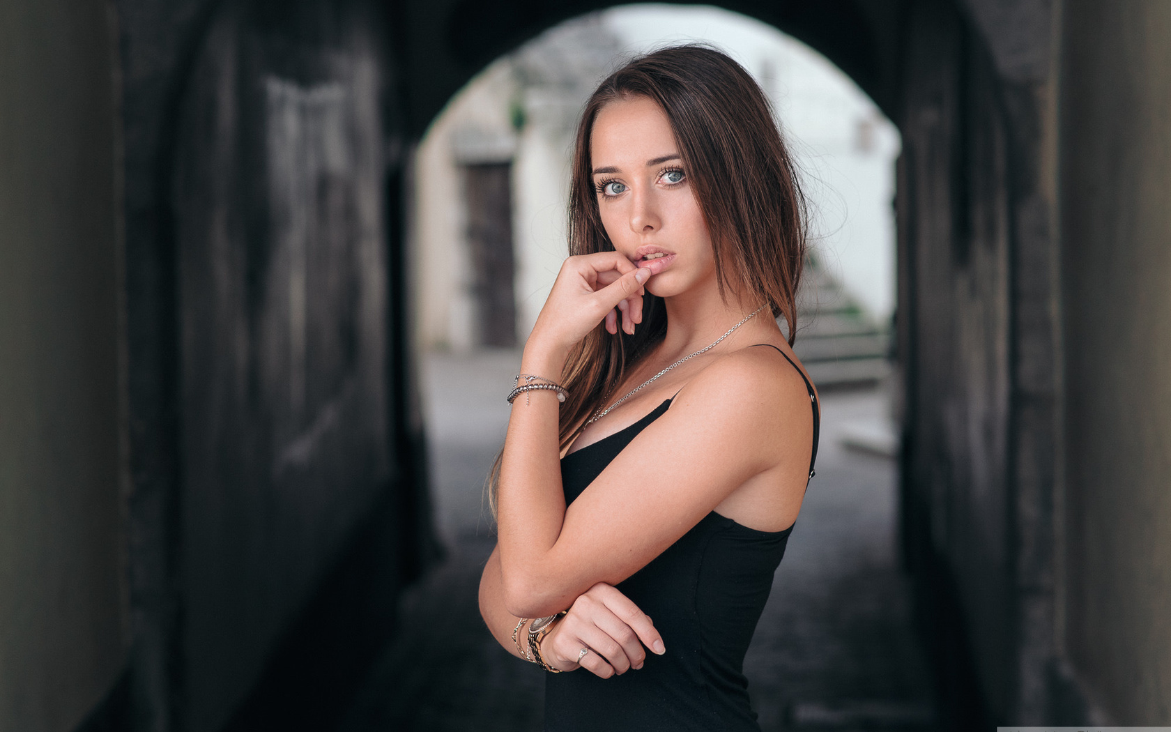 women, gray eyes, portrait, finger on lips, necklace