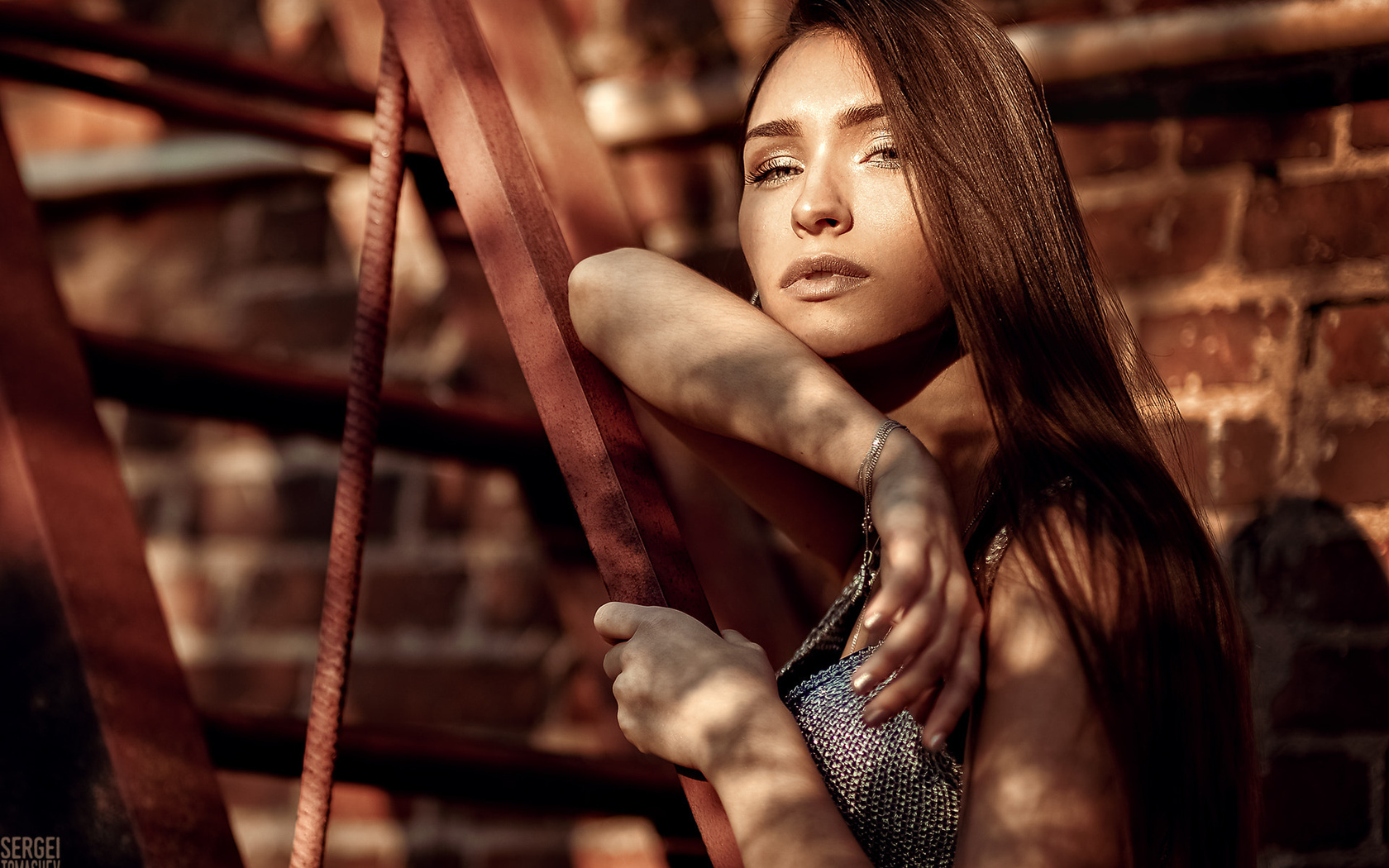 women, stairs, long hair, portrait, bricks, 