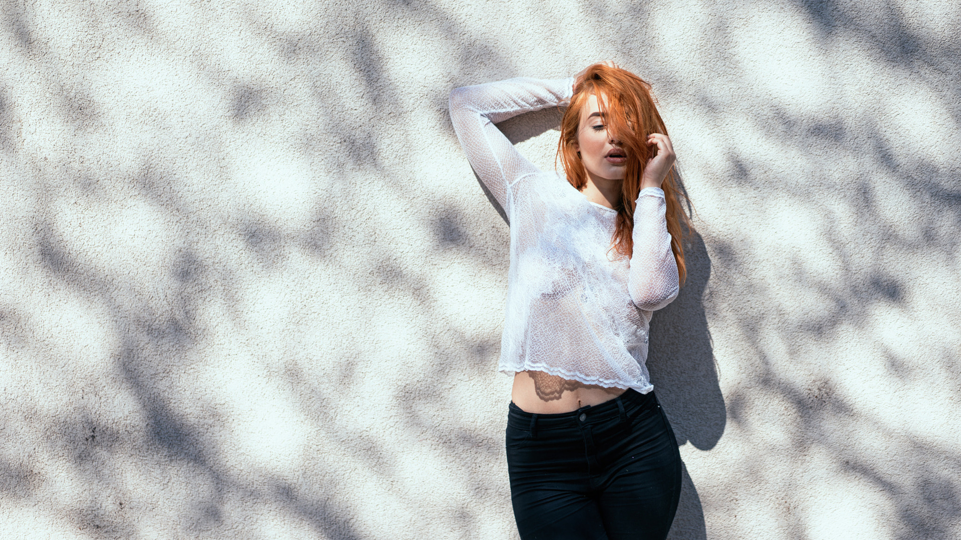 women, jeans, redhead, belly, portrait, wall, hair in face