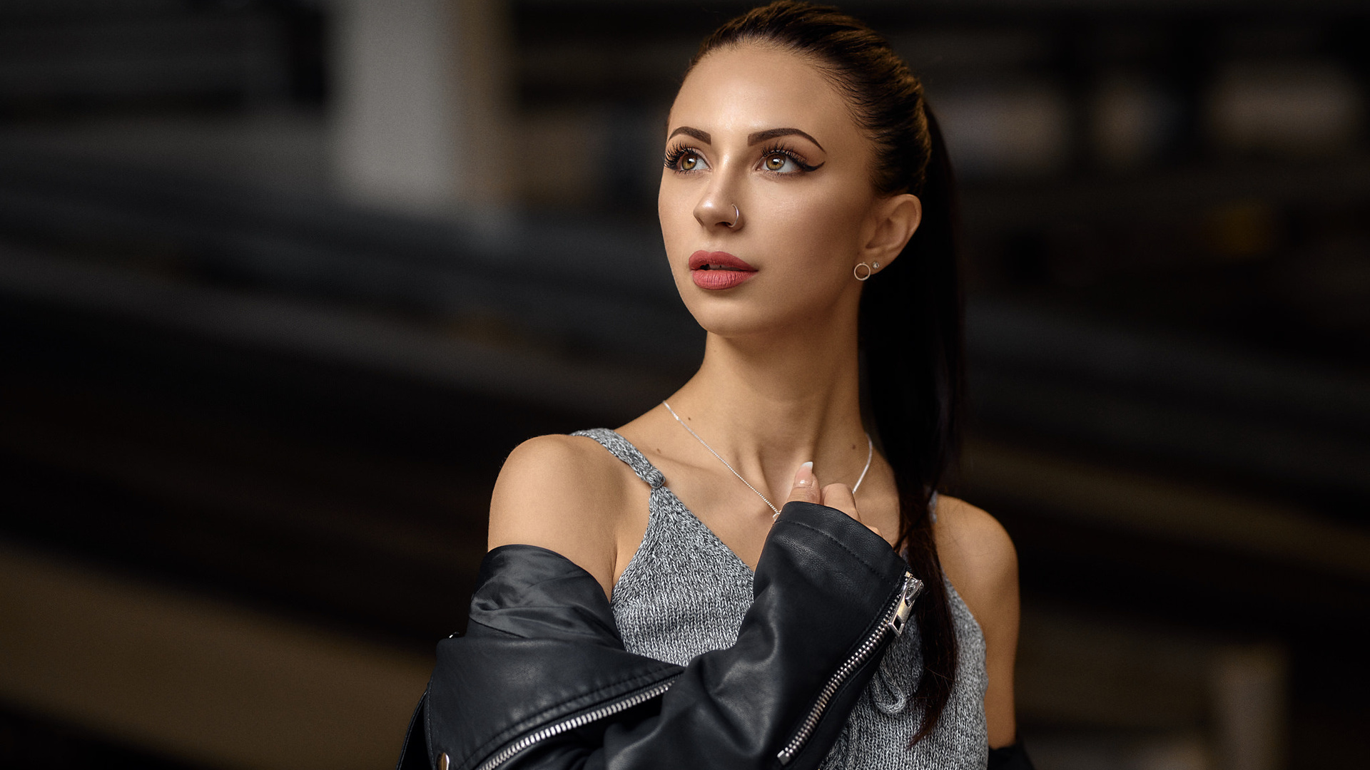 women, portrait, nose ring, leather jackets, eyeliner, necklace, bare shoulders