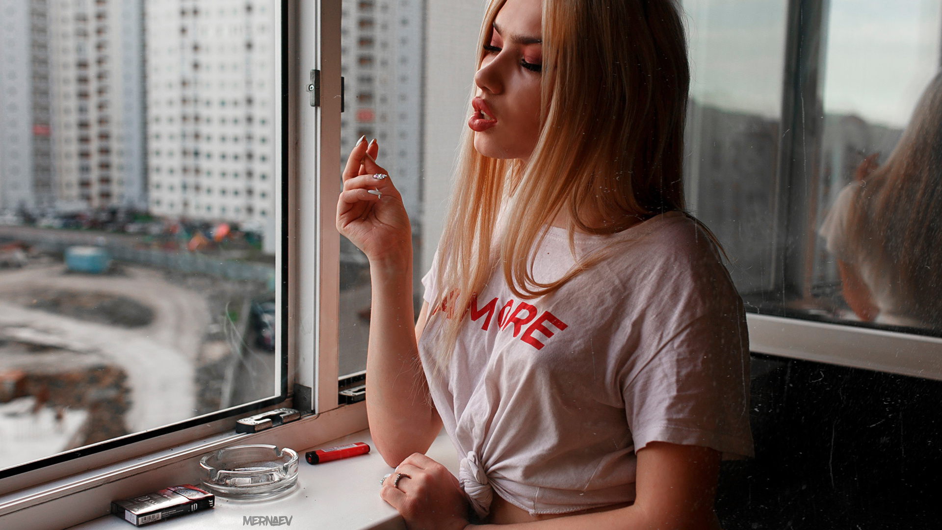 women, blonde, portrait, window, t-shirt, cigarettes, reflection