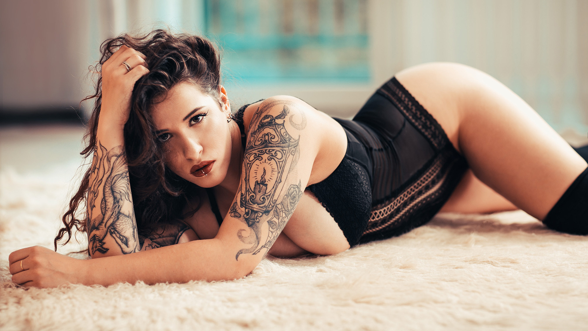 women, brunette, tattoo, black lingerie, body lingerie, big boobs, portrait, , , , , 