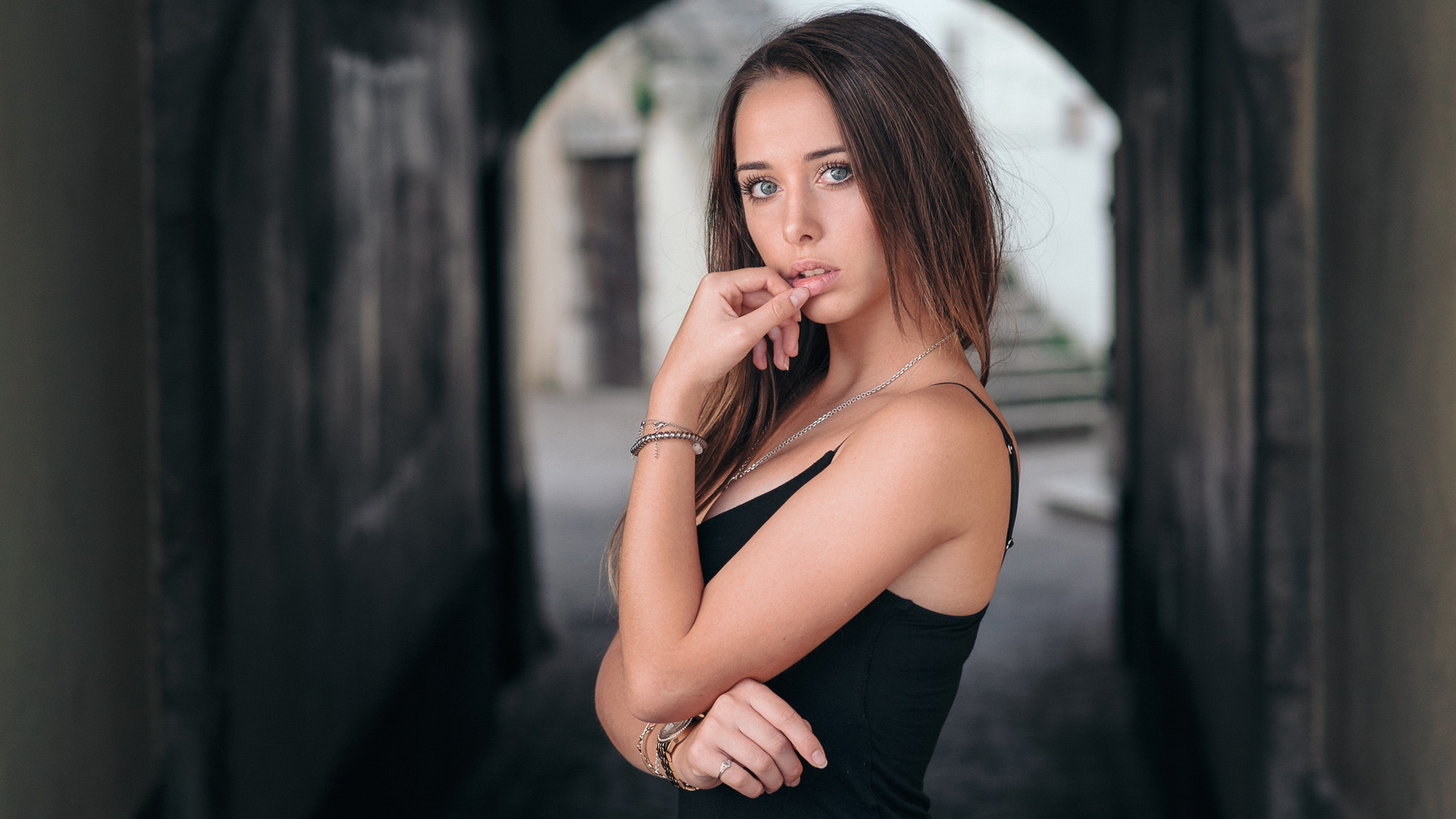 women, gray eyes, portrait, finger on lips, necklace